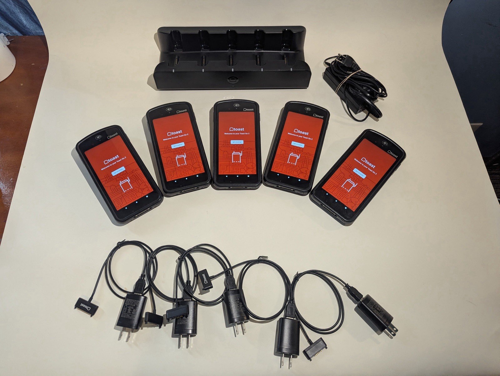 Lot of 5 Toast Go 2 Handheld POS Tablets TG200 with Charging Dock & Chargers