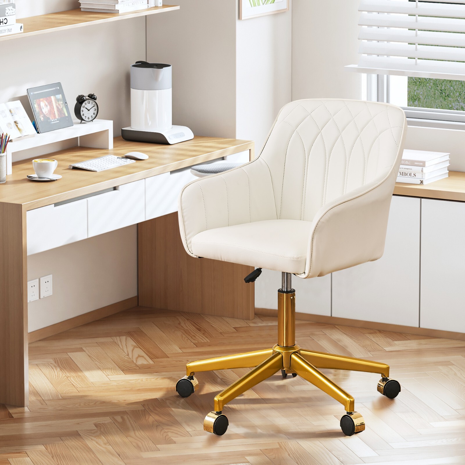 PU Leather Home Office Chair Height Adjustable Stools with Gold Metal Base White