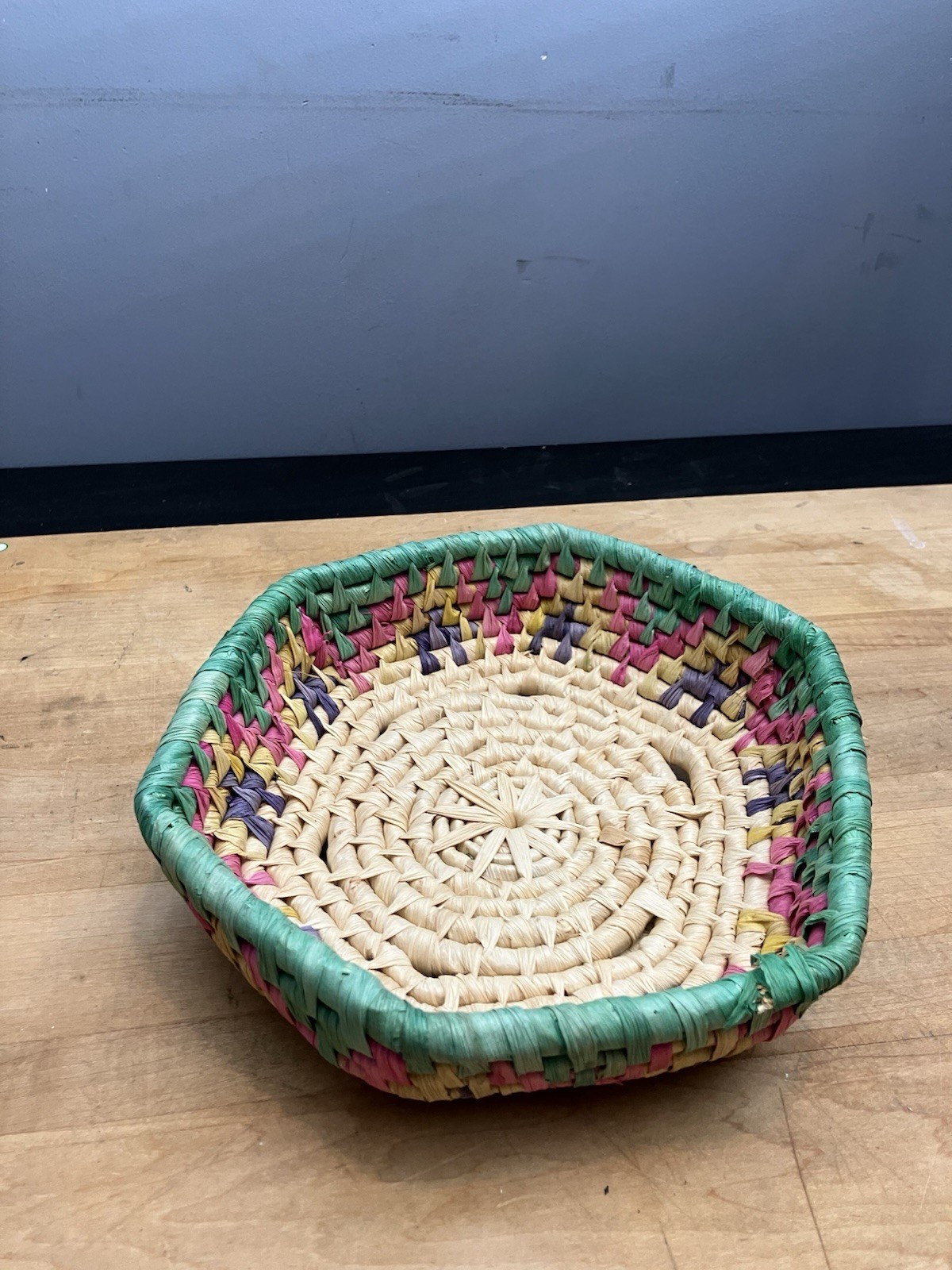 Handwoven multicolored hexagon basket 9” x 8”
