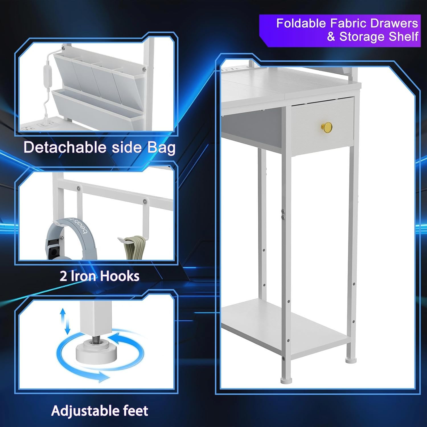 Compact 33.7" Computer Desk with Power Outlets, LED Lights & Storage Hooks