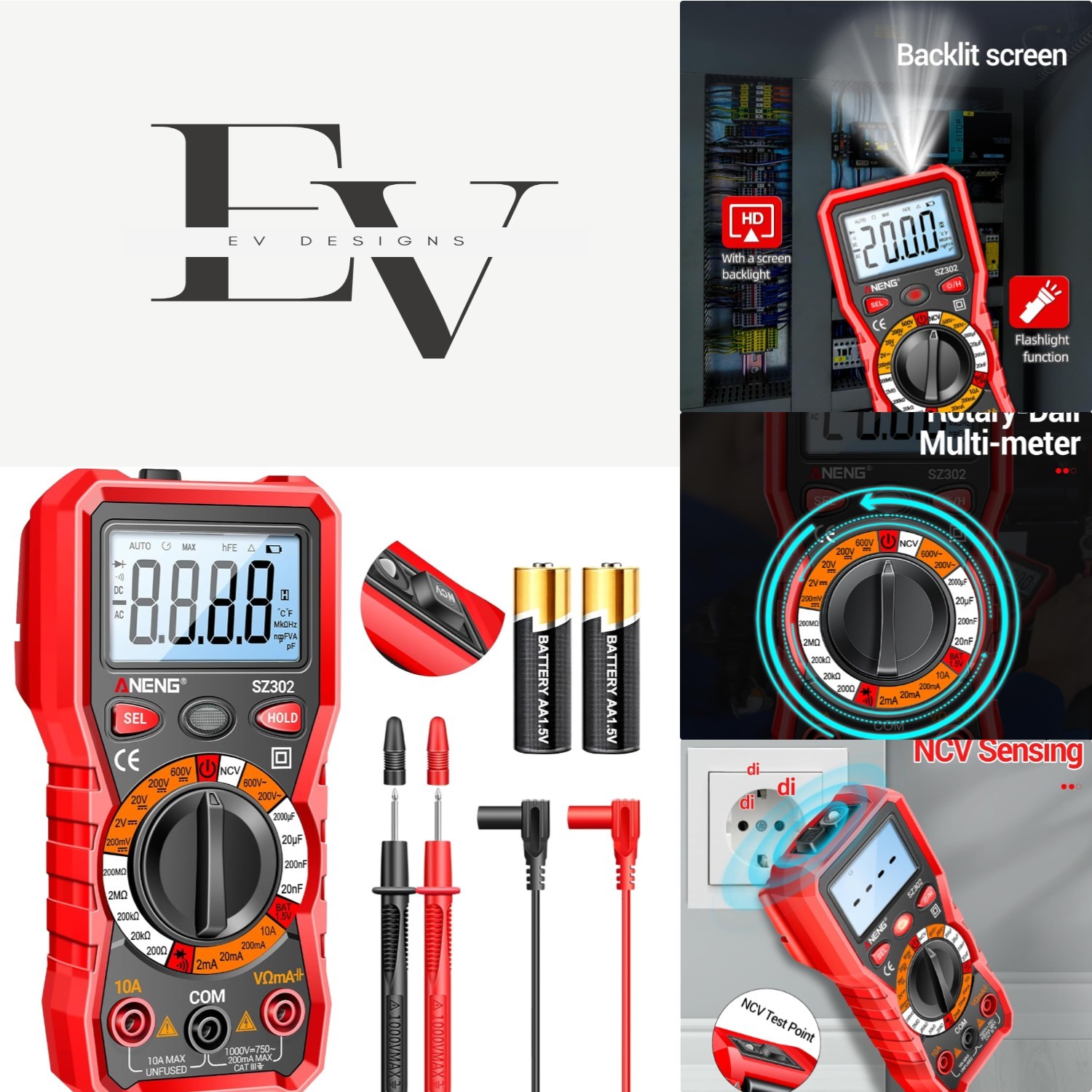 AENEG SZ302 Compact Multimeter with Backlit LCD & Non-Contact Voltage Detection