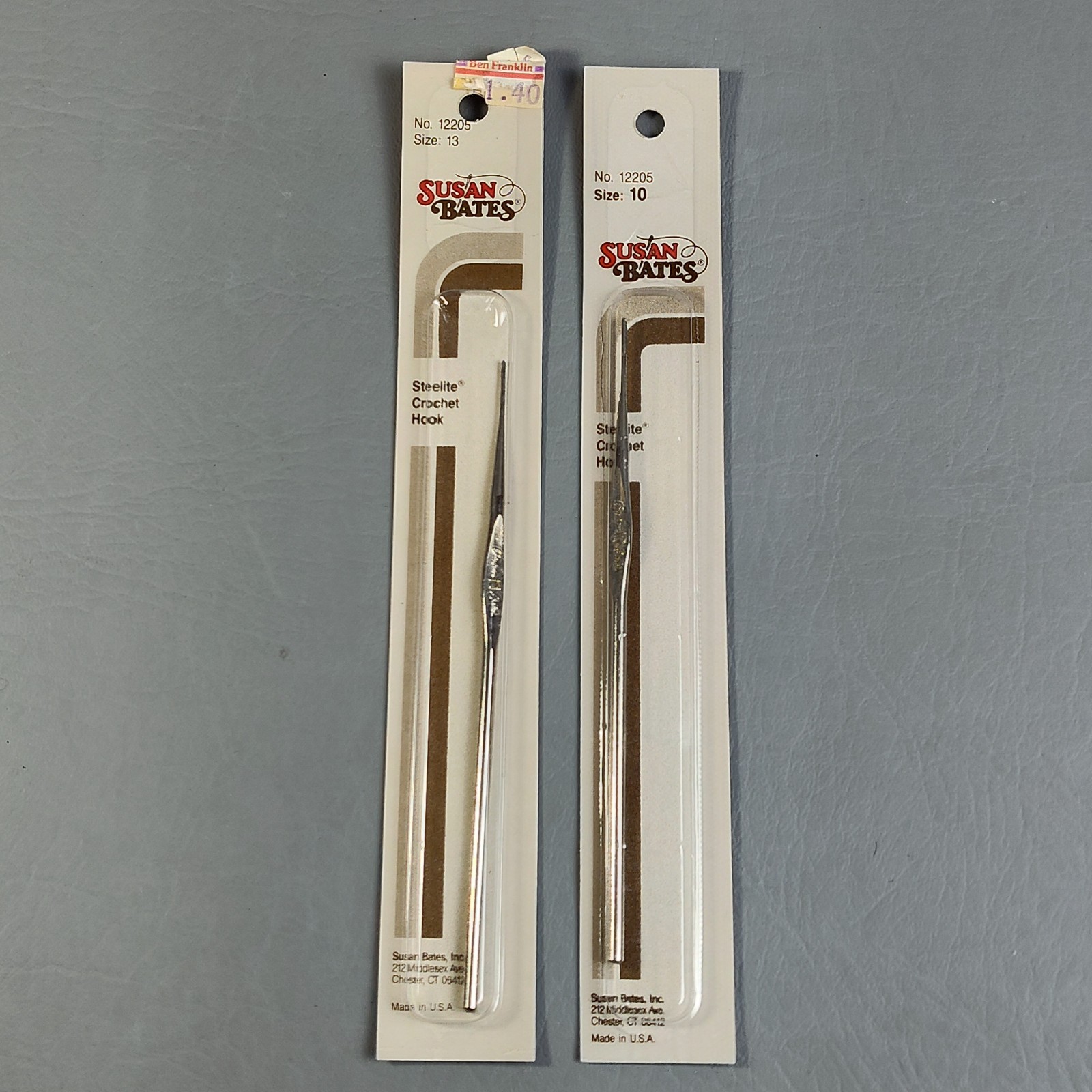 Vintage Susan Bates Steelite Crochet Hooks Size 10 & 13 No. 12205 Made In USA