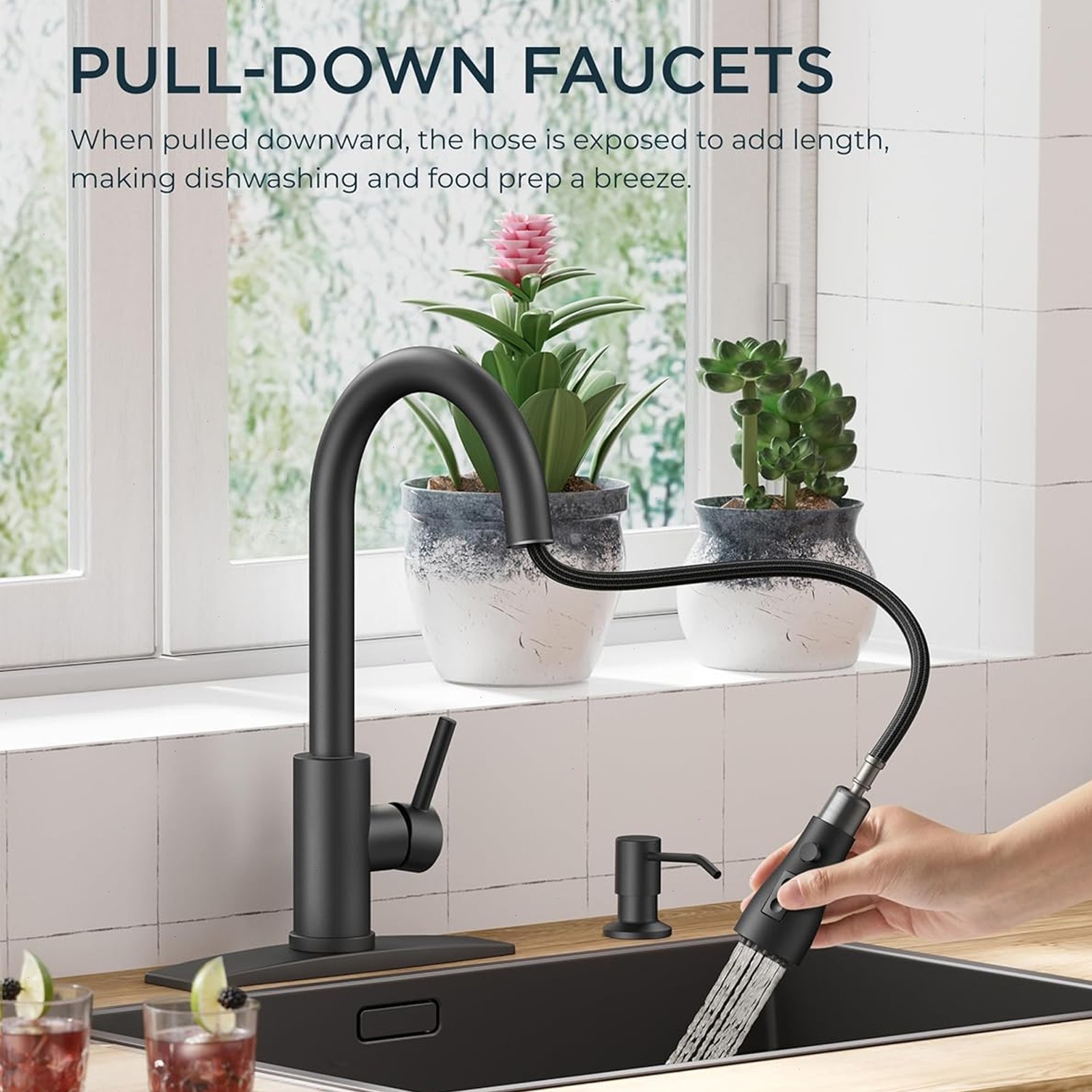 Black Kitchen Faucet with Soap Dispenser High Arc Pull Down Sprayer Sink Mixer