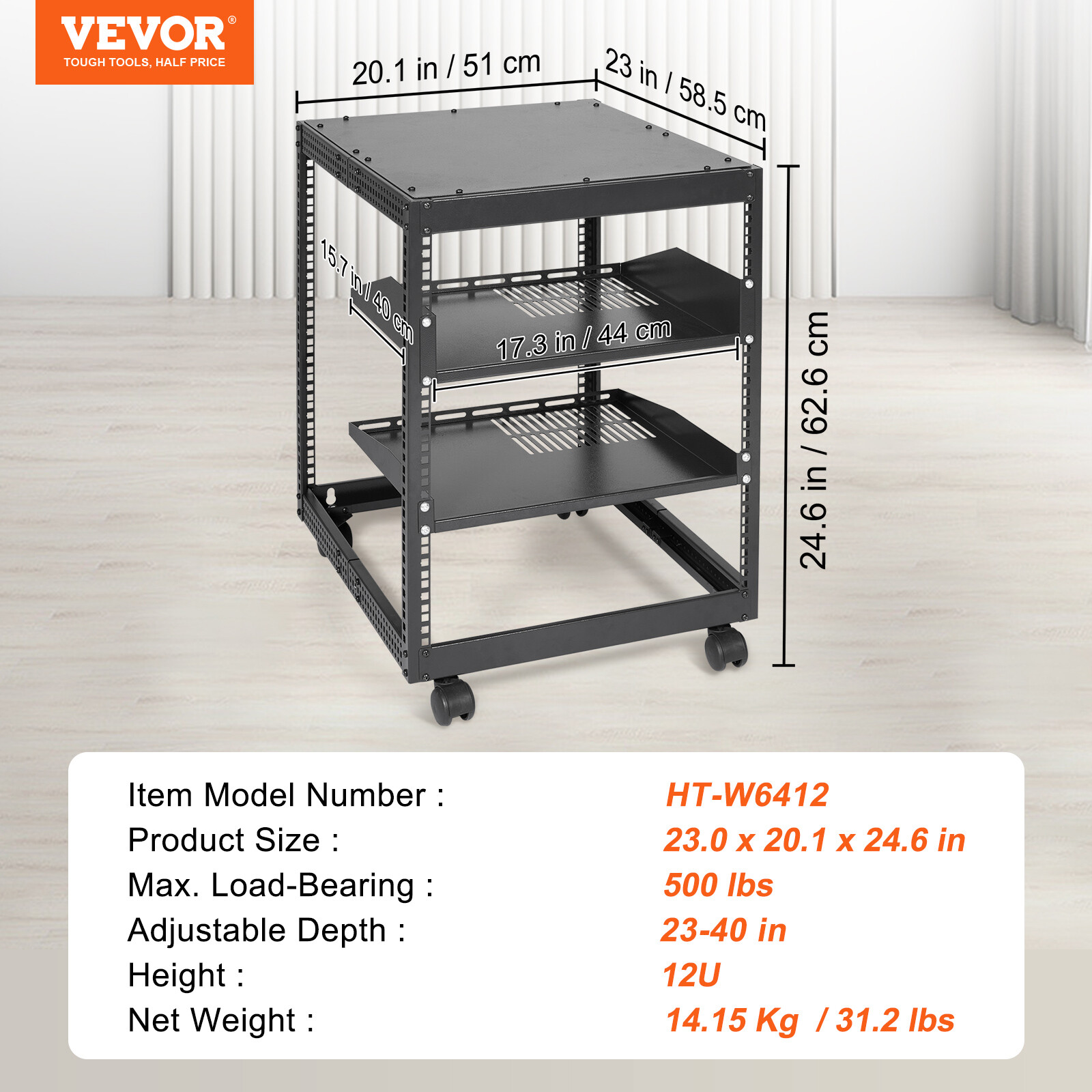 VEVOR 12U 4 Post Open Frame Server Rack Network Enclosure 23''-40'' Adjustable
