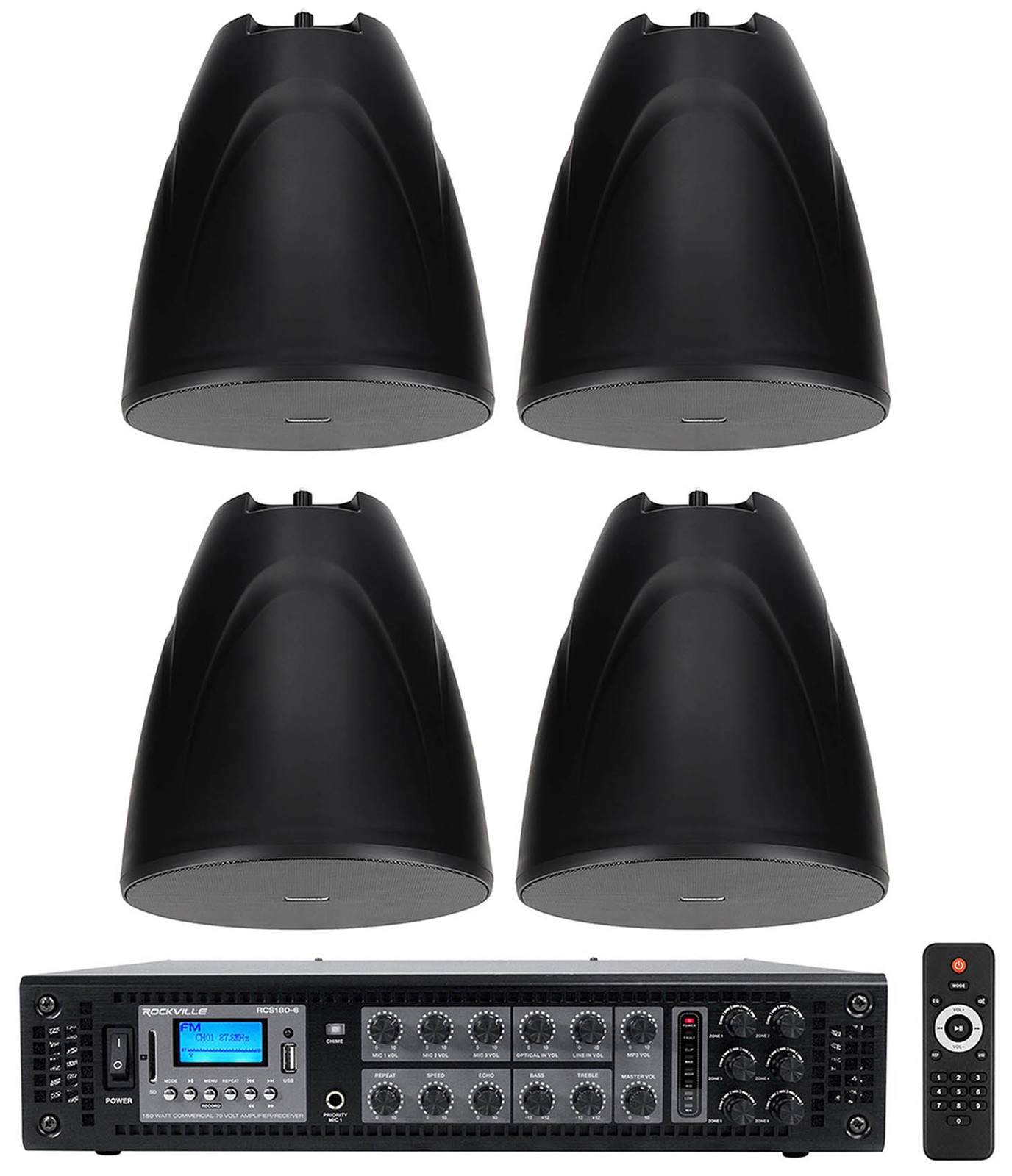 (4) Rockville PEN-80T BLACK 8" 70V 40W Hanging Pendant Speakers+Commercial Amp