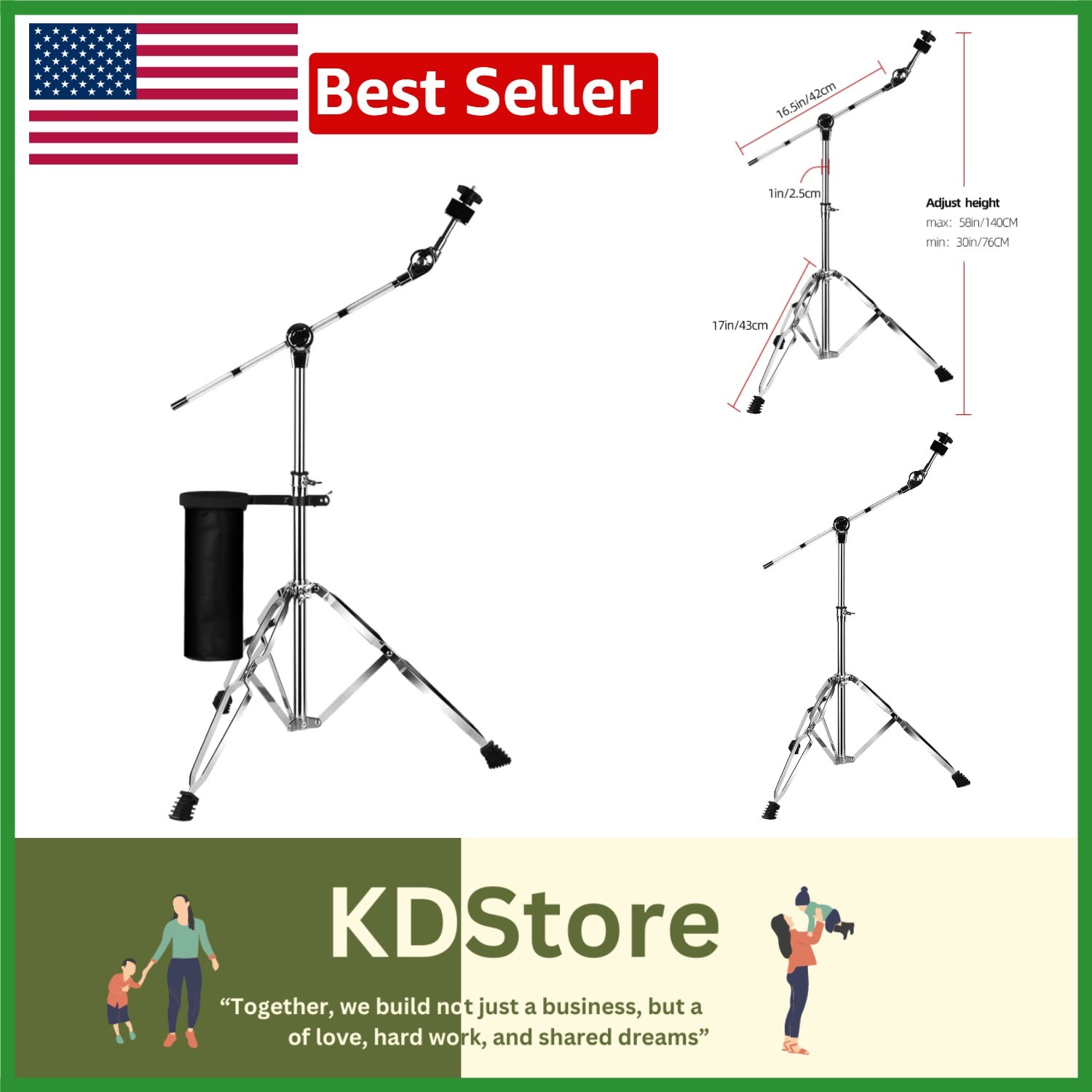 Versatile Cymbal Stand with Drum Sticks Holder, Adjustable 30" to 58" Height