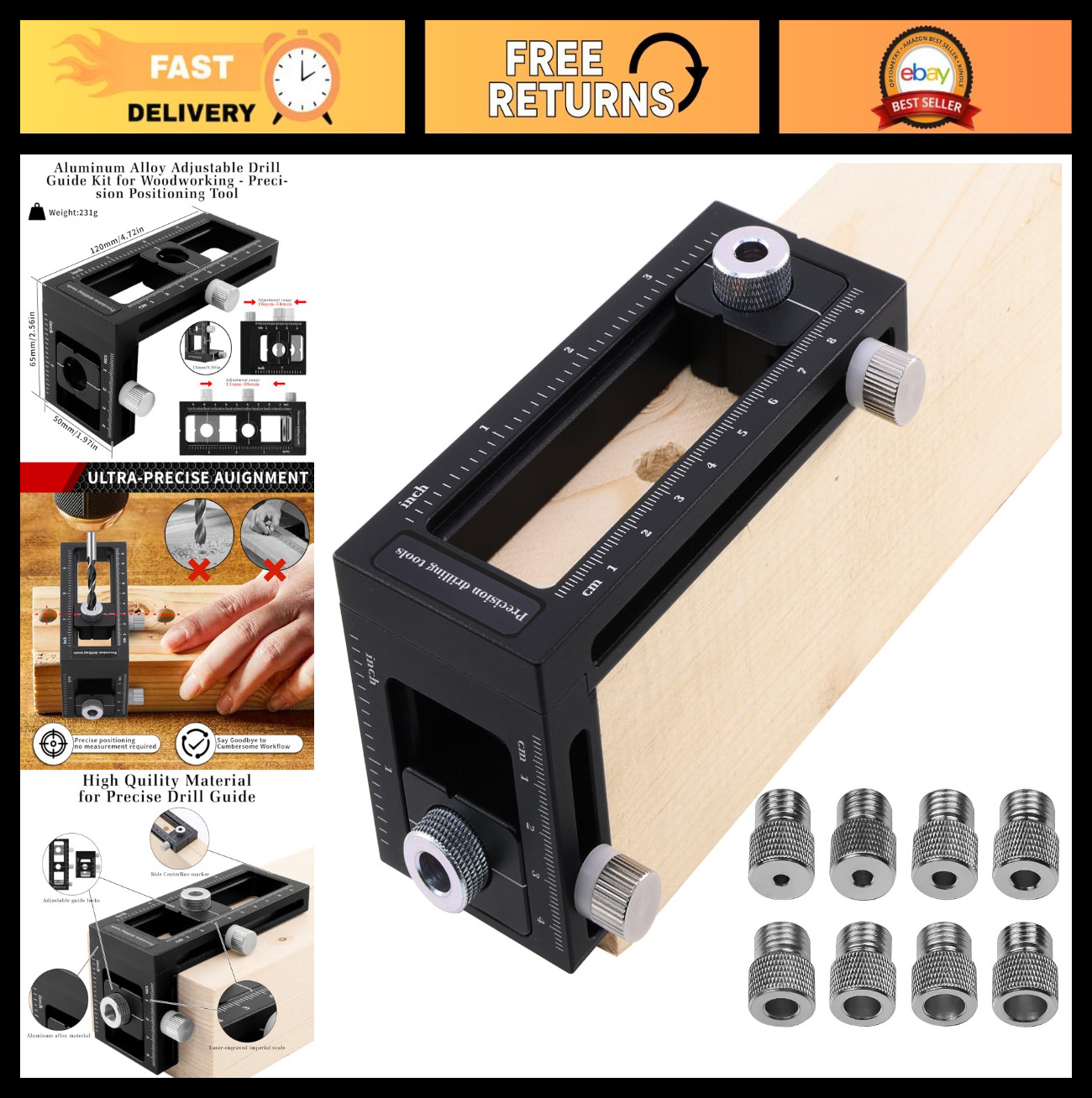2-in-1 Doweling Jig Kit - Aluminum Woodworking Drill Guide, Adjustable Joint Loc