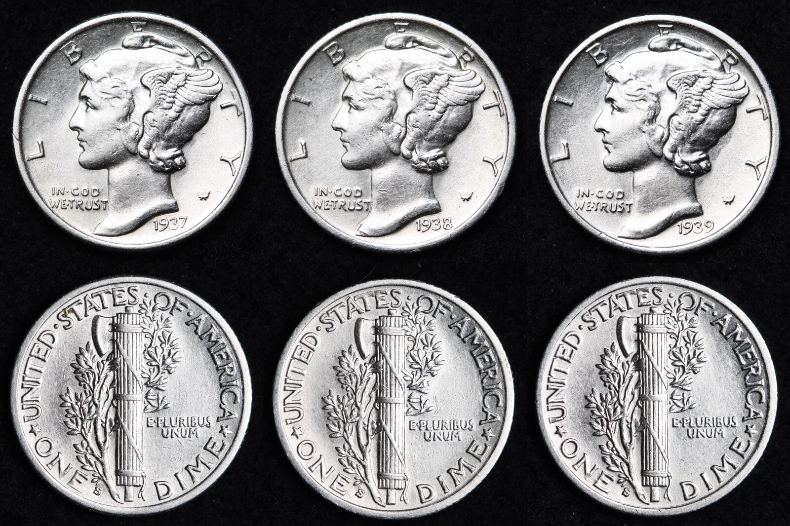 1937-S & 1938-S & 1939-S Mercury Silver Dime Nice AU 3 Coin Lot FREE SHIPPING