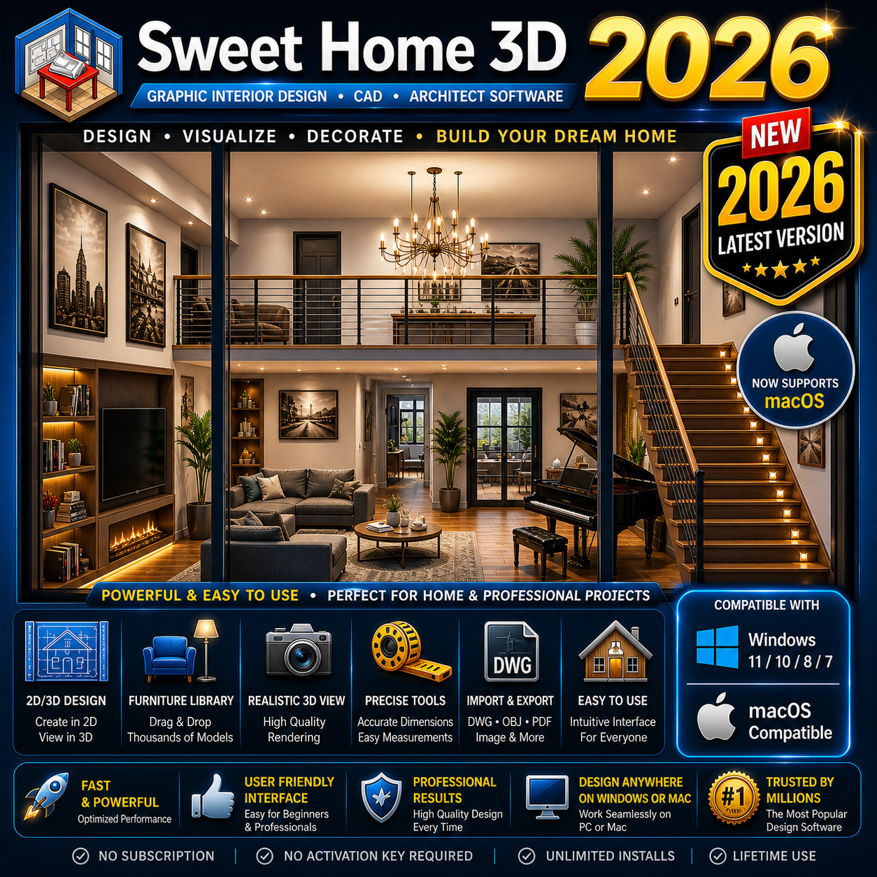 Sweet Home 3D 2026 Graphic Interior Design CAD Architect Software Windows  MacOS