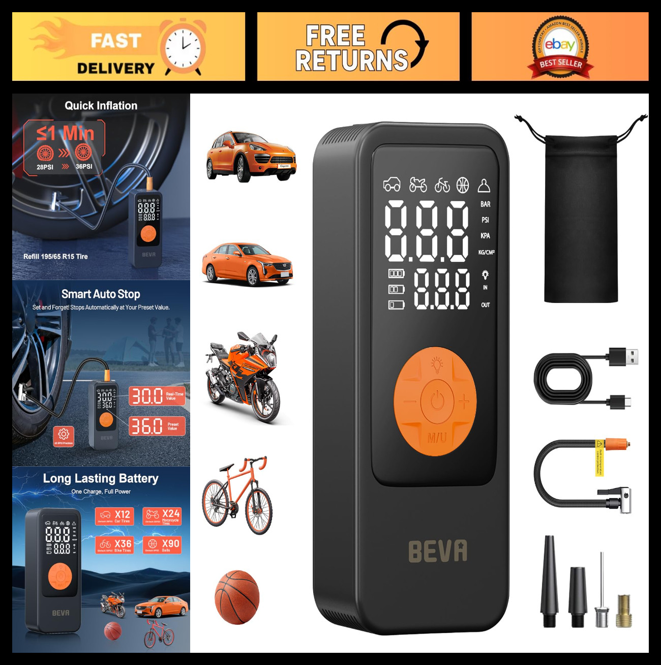 Portable Tire Inflator Air Compressor - 4X Faster, 150PSI, Digital Gauge, LED Li