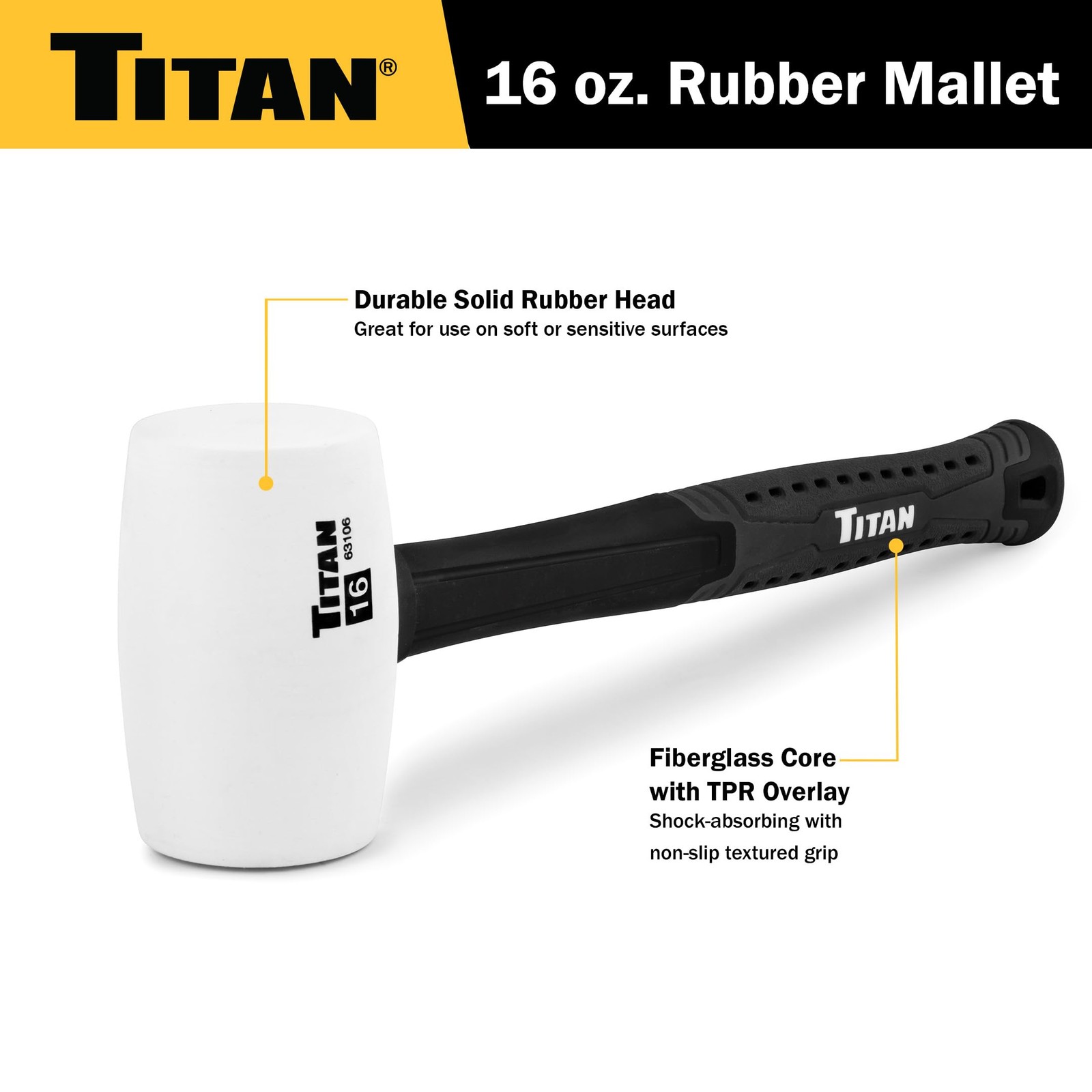 Titan 63106 16oz White Rubber Mallet, Non-marking Double-faced Solid