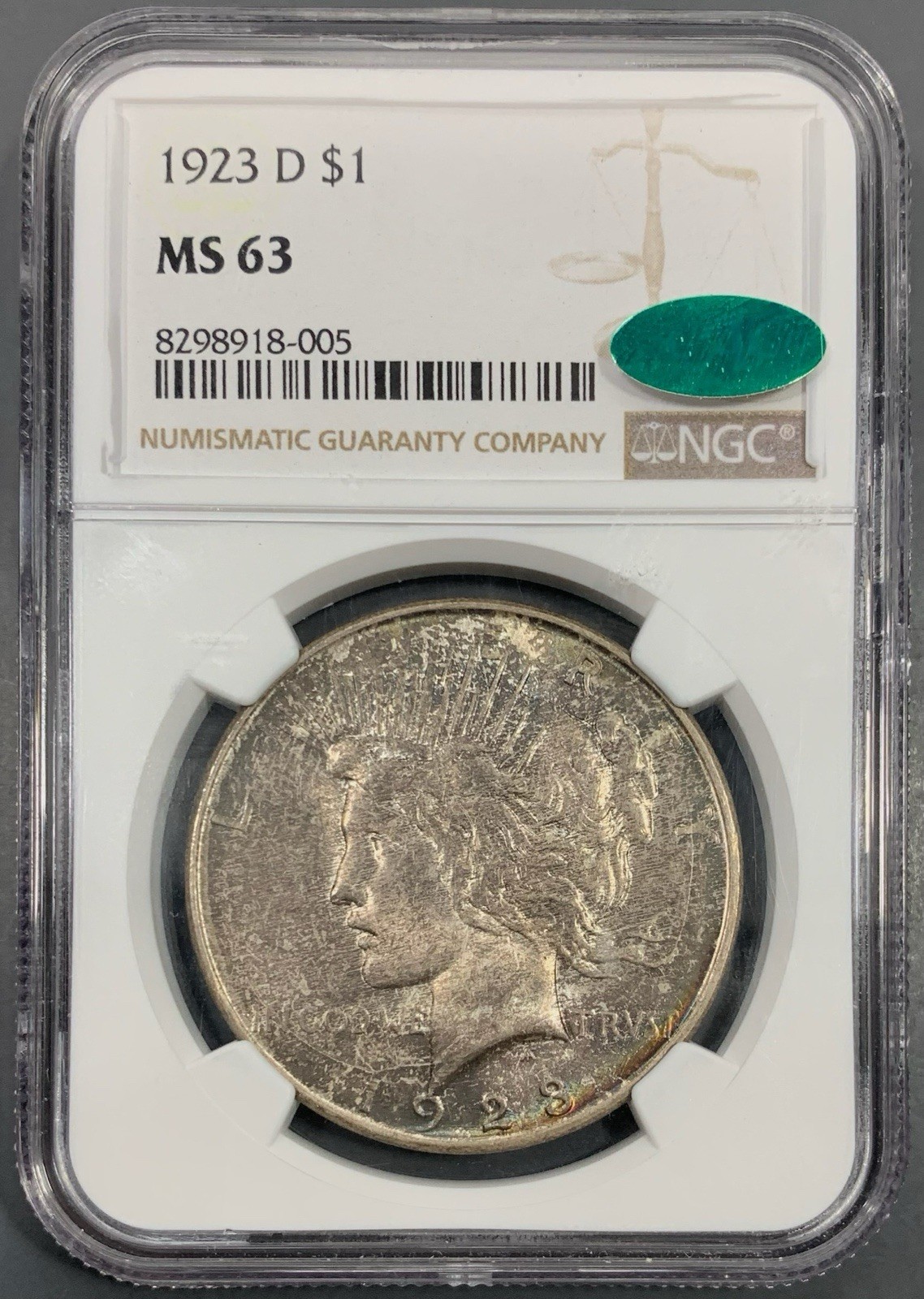 1923-D NGC MS63 CAC Peace Silver Dollar $1 - Original Toned