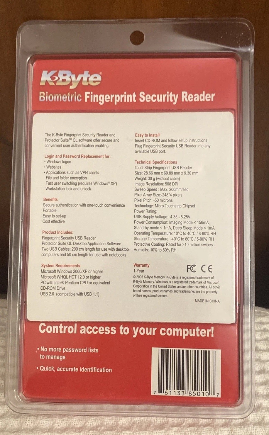 KByte Fingerprint Security Reader USB Brand New Old Stock Sealed Package Windows