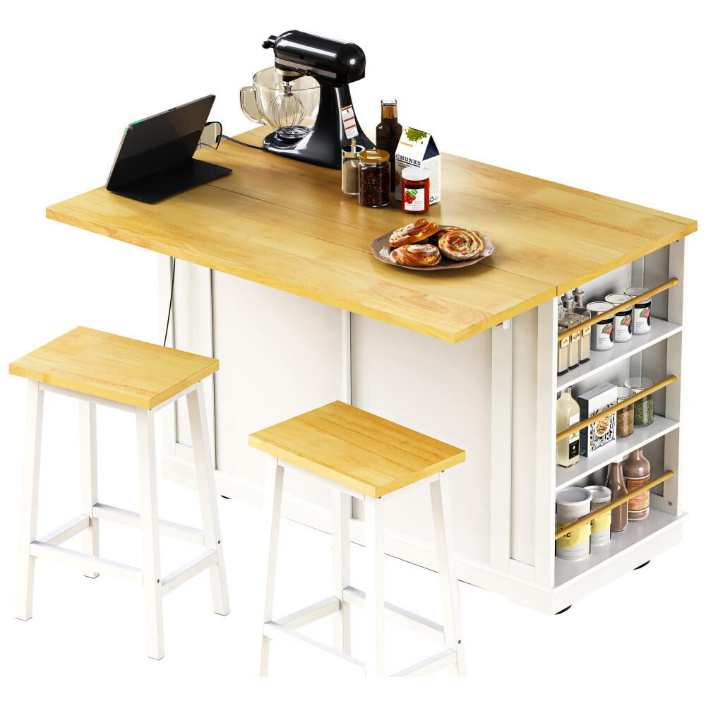 48inch Large Kitchen Island with 2 Bar Stools, Power Outlet, Storage Rack