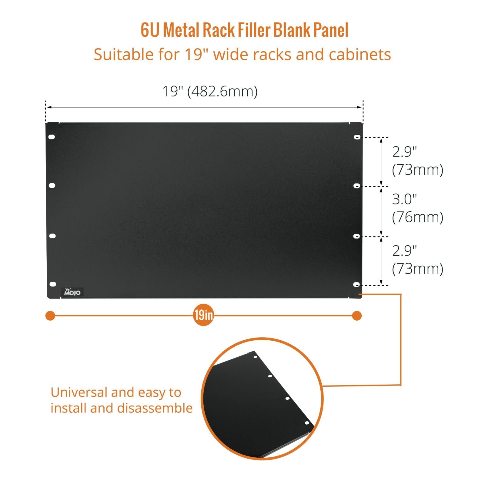 6U Blank Panel, 19inch Server Rack Mount Plate, Solid, Network, Black
