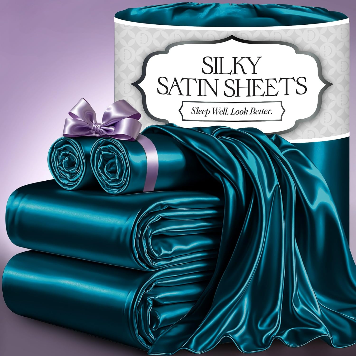 Luxury Satin Bed Sheets Set - King Size, Silky Soft & Wrinkle-Free, Sea Teal