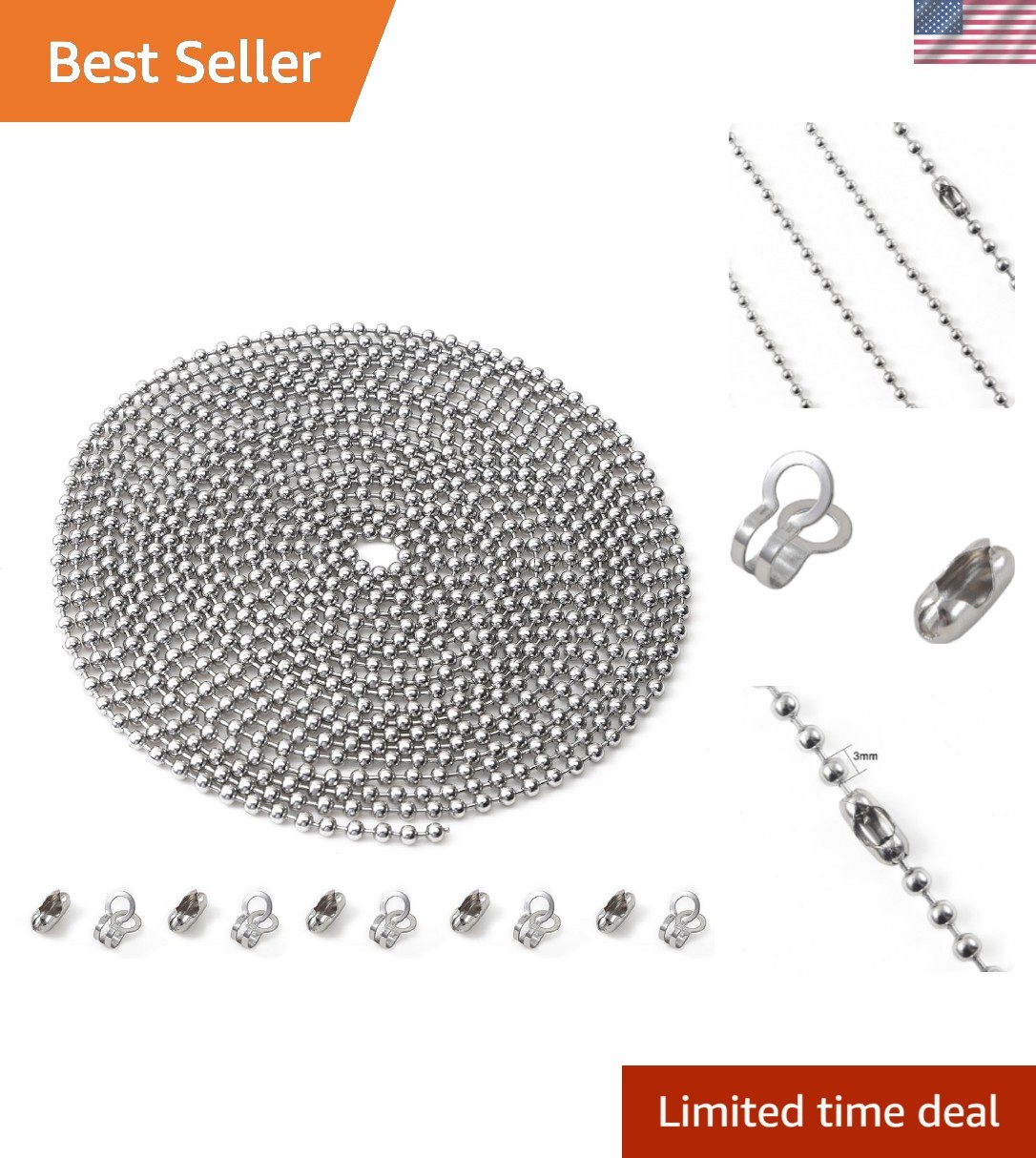 Lightweight 120 Inch Ceiling Fan Pull Chain - Beaded Stainless Steel Design