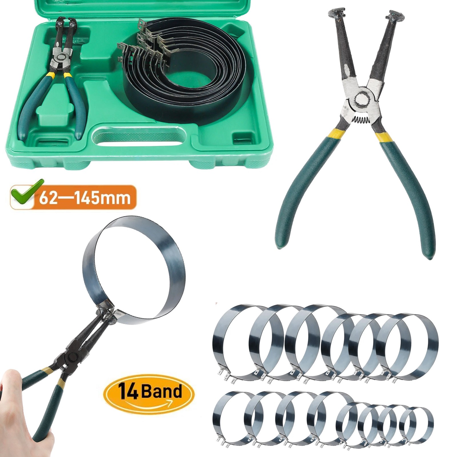Motorcycle Piston Ring Compressor Cylinder Installer Tool Kit with Plier&14 Band
