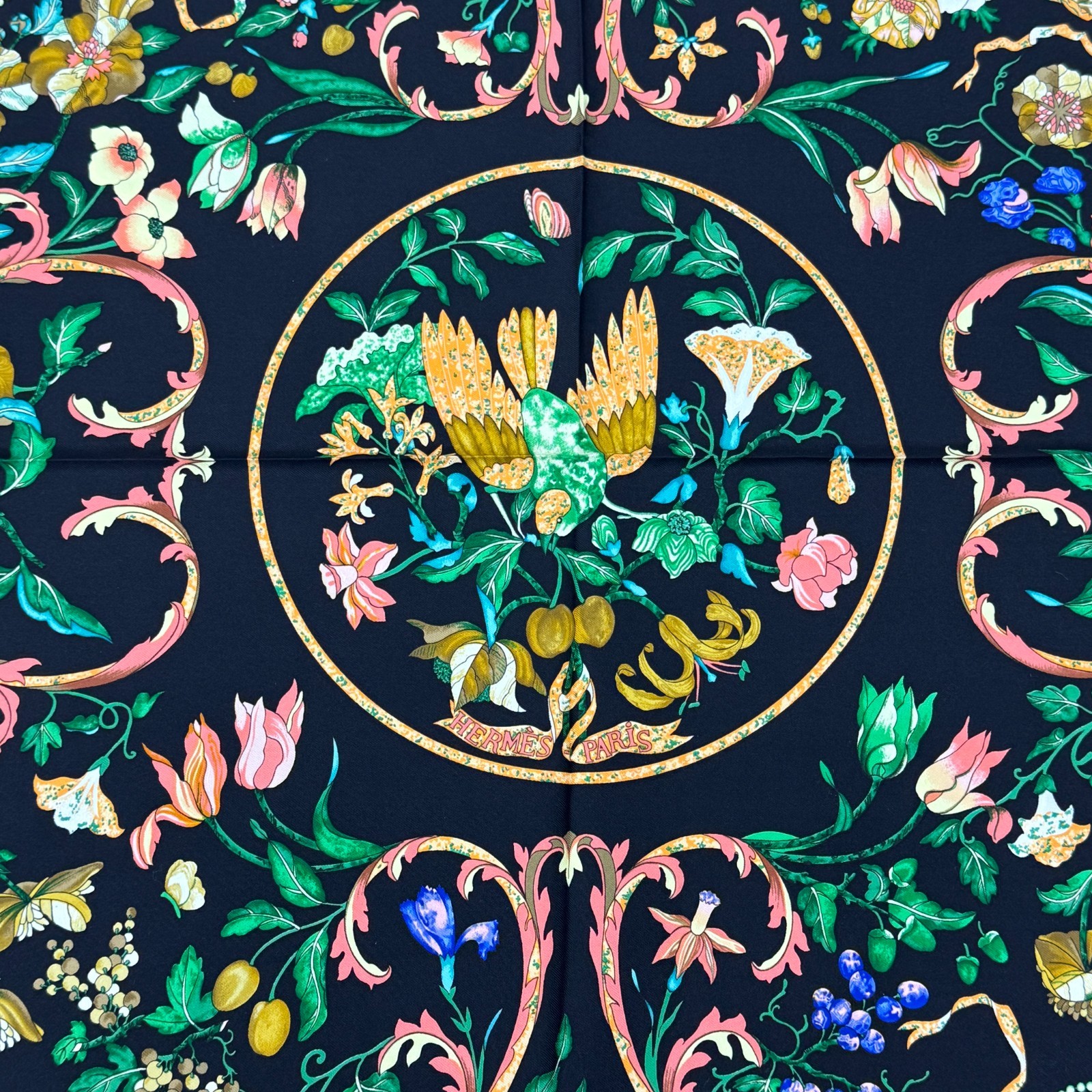 Hermes Carre 90 Fleurs et Oiseaux Silk Scarf Black Multicolor Auth 2603027517