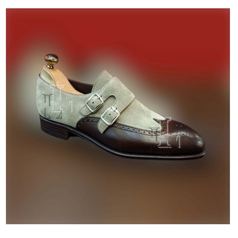 Handmade Men's Gray Brown Double Monk Genuine Leather & Suede Shoes, Sale !!!