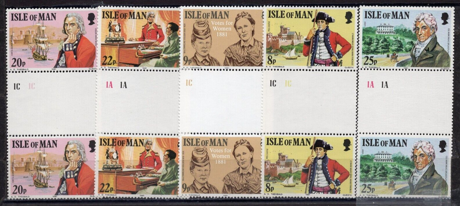 ISLE OF MAN 1981 SET OF 5 GUTTER PAIRS MNH
