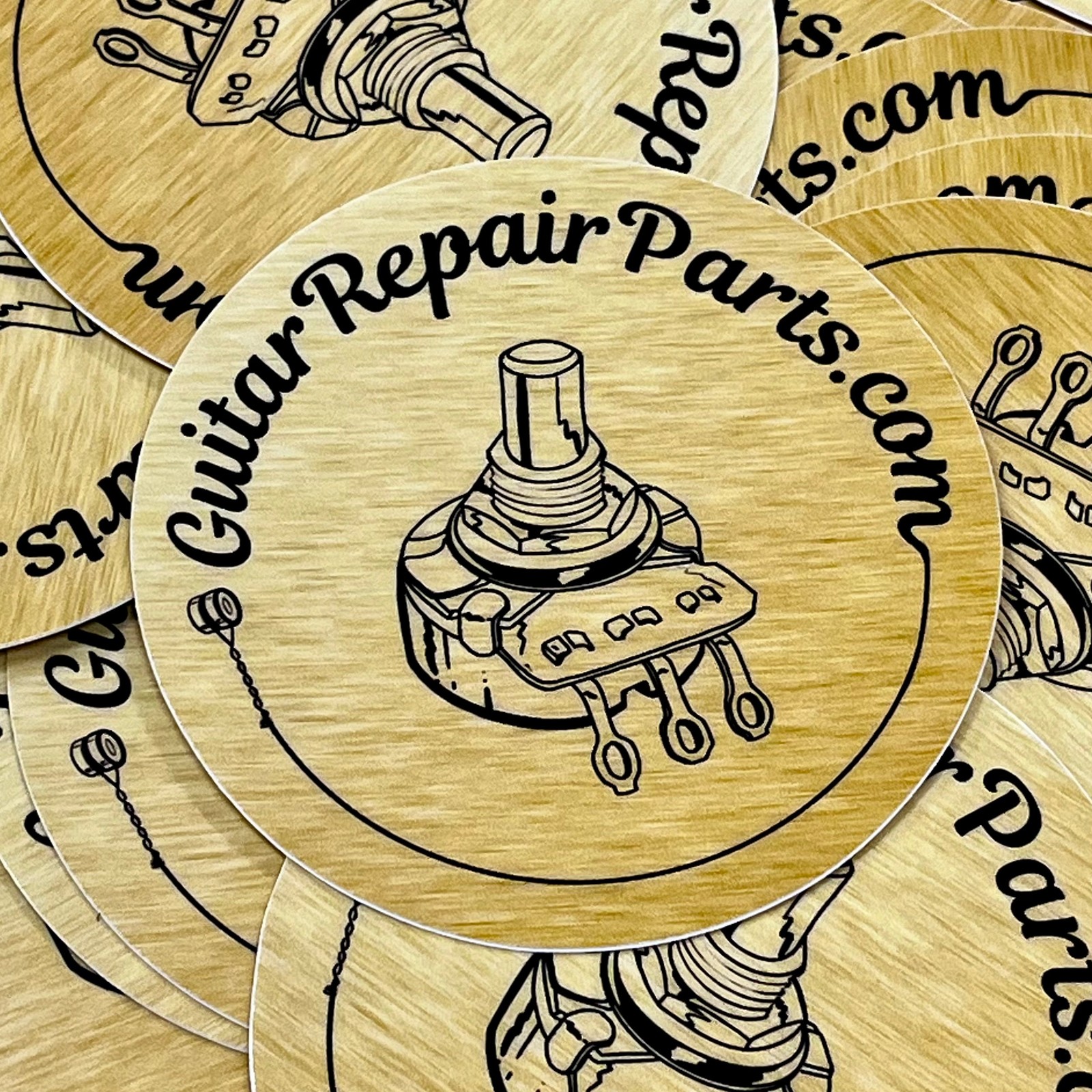 GuitarRepairParts.com Potentiometer Logo Vinyl Sticker 3"x3" Circle (1 pc) Gold