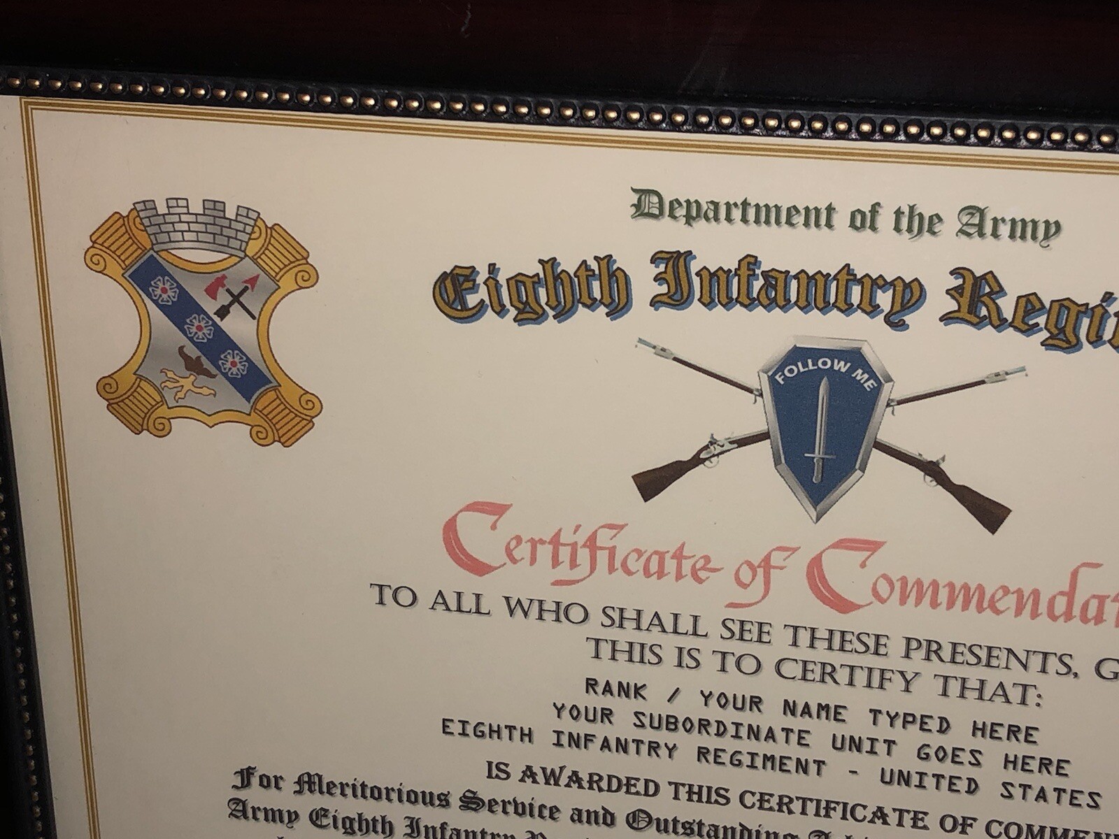 8TH INFANTRY REGIMENT / COMMEMORATIVE - CERTIFICATE OF COMMENDATION