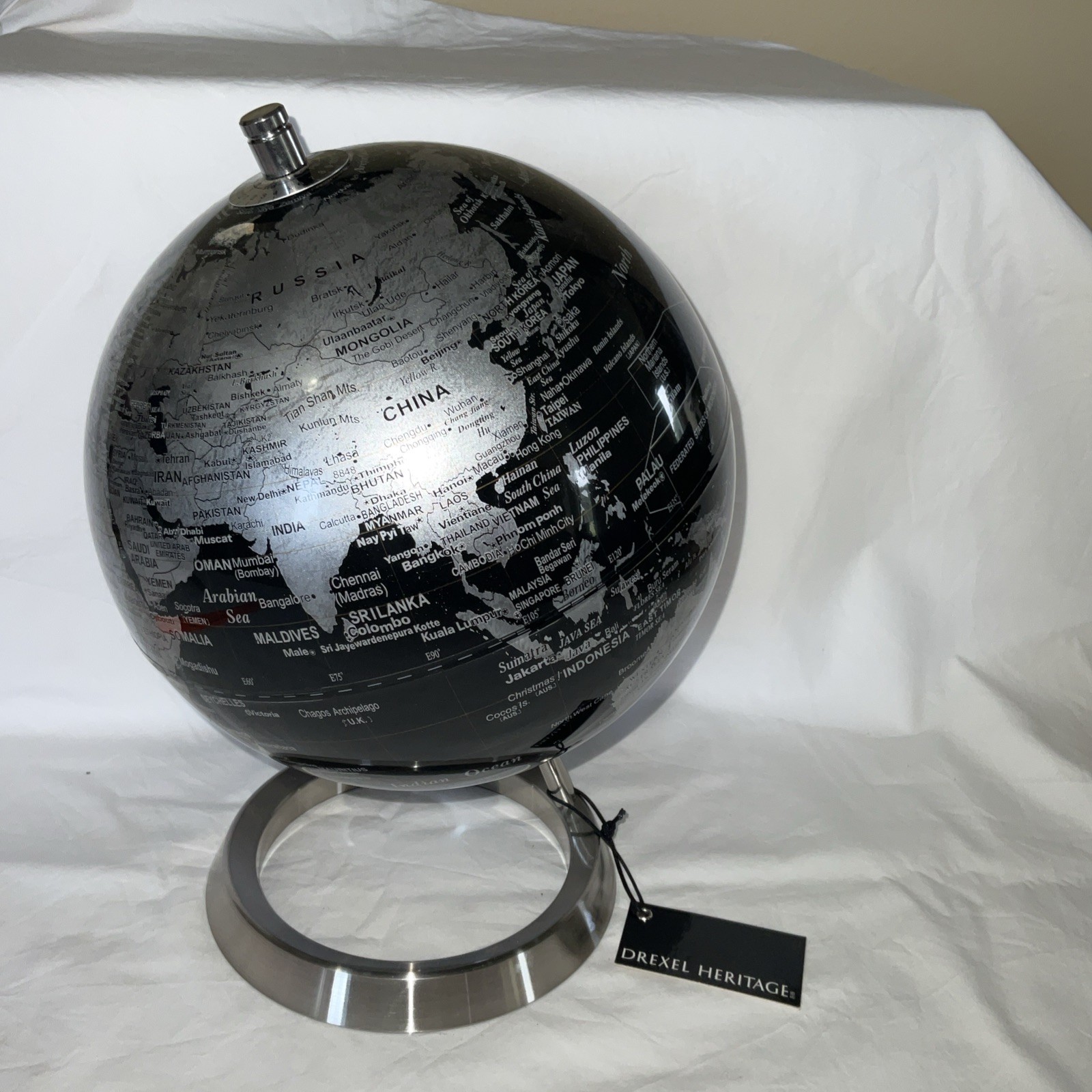 NEW Drexel Heritage Silver & Black World Globe 11” Tall No Box