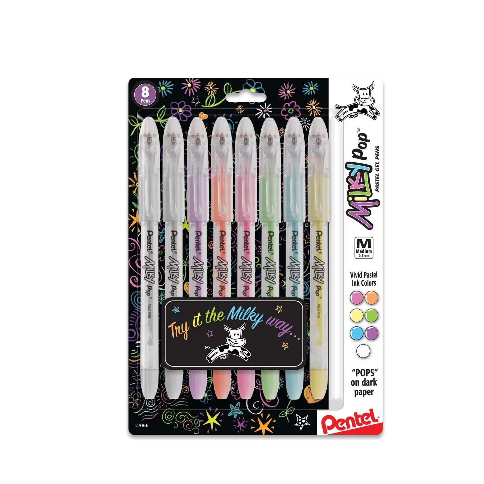 Pentel Milky Pop Pastel Gel Pen, (0.8mm) Medium Line, Assorted Ink 8-Pk