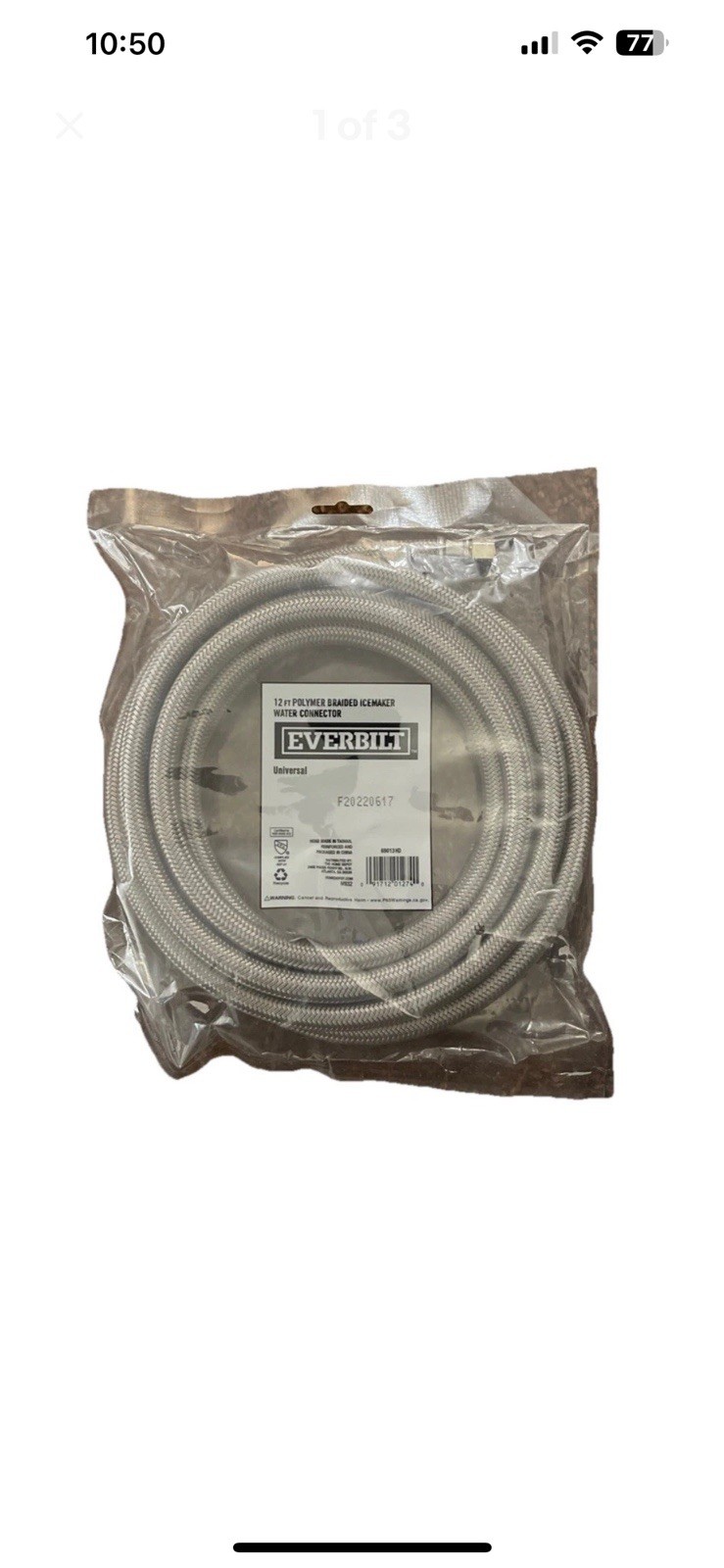 Everbilt F20220617 Universal 12ft Polymer Braided Icemaker Water Connector Hose