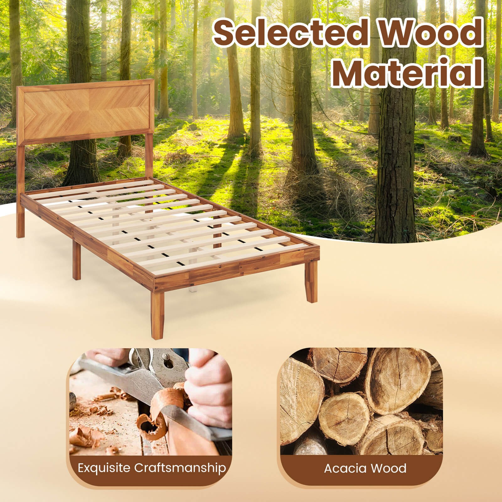 Twin Size Bed Frame w/Headboard Wooden Slats Support 9" Under-bed Storage Space