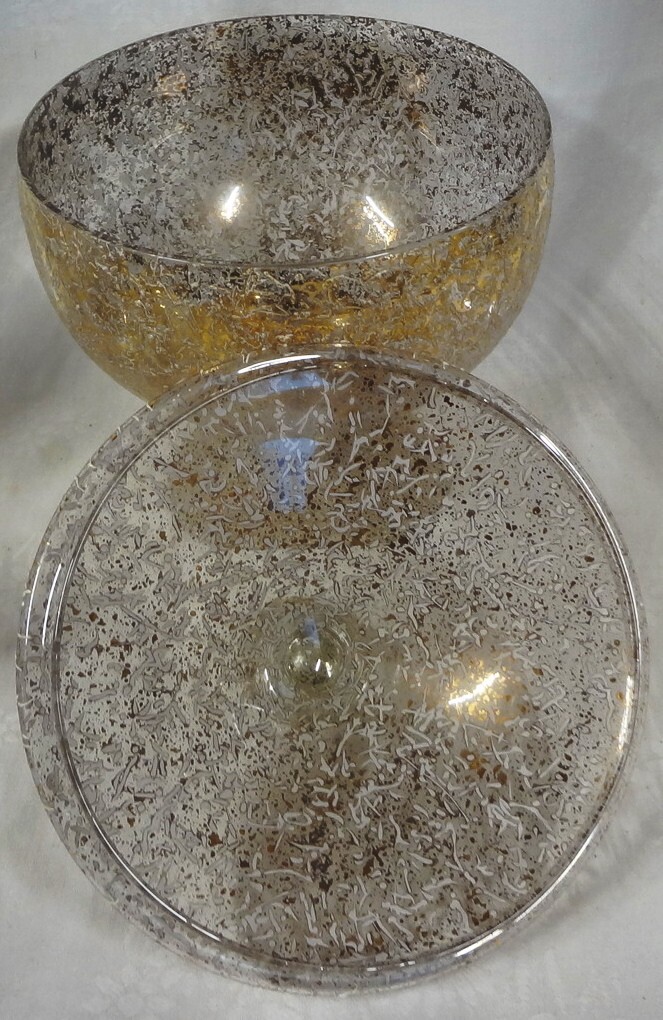MCM bold WEST VIRGINIA GLASS splatter GOLDEN BROCADE lidded 9" CANDY JAR - MINT
