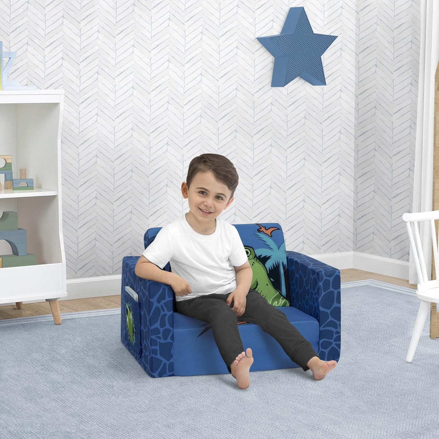 Dinosaur Blue Flip Out Chair To Lounger Couch Sofa For Kids Boys Toddlers 1-3