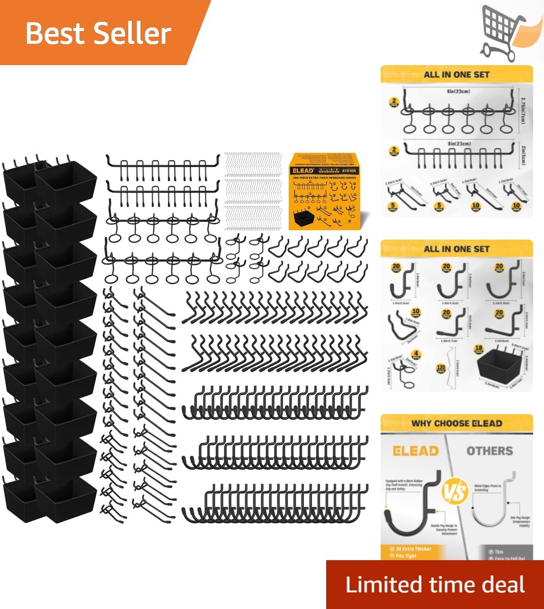 Pegboard Hooks Set 286-Piece Metal Black Heavy Duty Wall Organizer Accessories