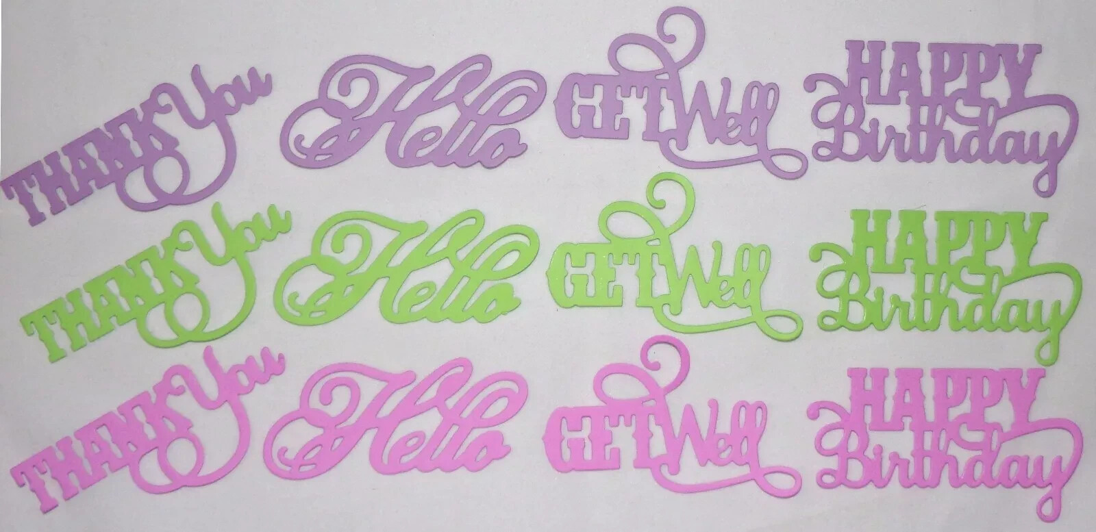 Get Well Thank you Word Die Cuts Hello Happy Birthday Pink Lime Purple Handmade