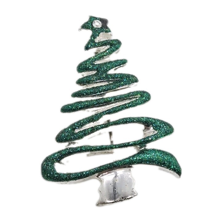 Christmas TREE Brooch Pin Green Glitter Enamel Silver Tone Zig Zag Vintage 2.5"