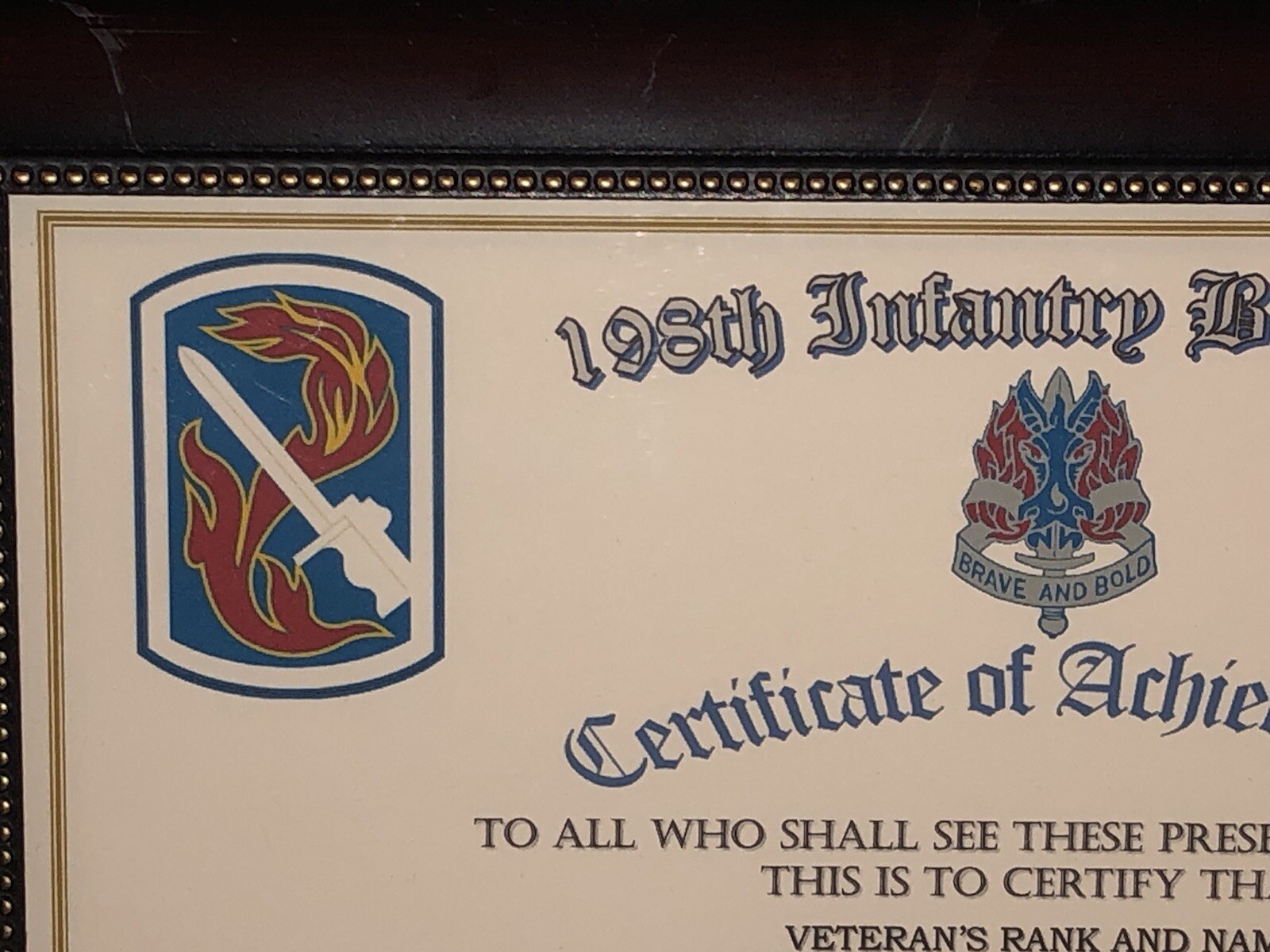 198TH INFANTRY BRIGADE - COA / (COMMEMORATIVE CERTIFICATE)