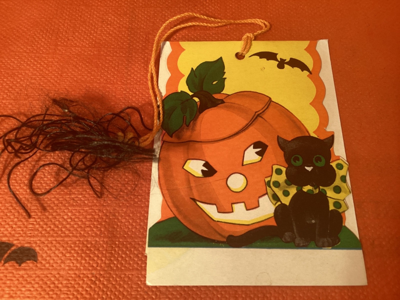VINTAGE HALLOWEEN TALLY PLACECARD COMBO HT 94 CAT JOL BAT BLACK SILK END MINT NO