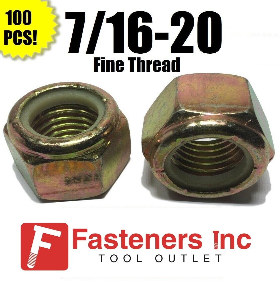 (Qty 100) 7/16-20 Fine Grade 8 Nylon Insert Lock Nuts Nylock Yellow Zinc Plated