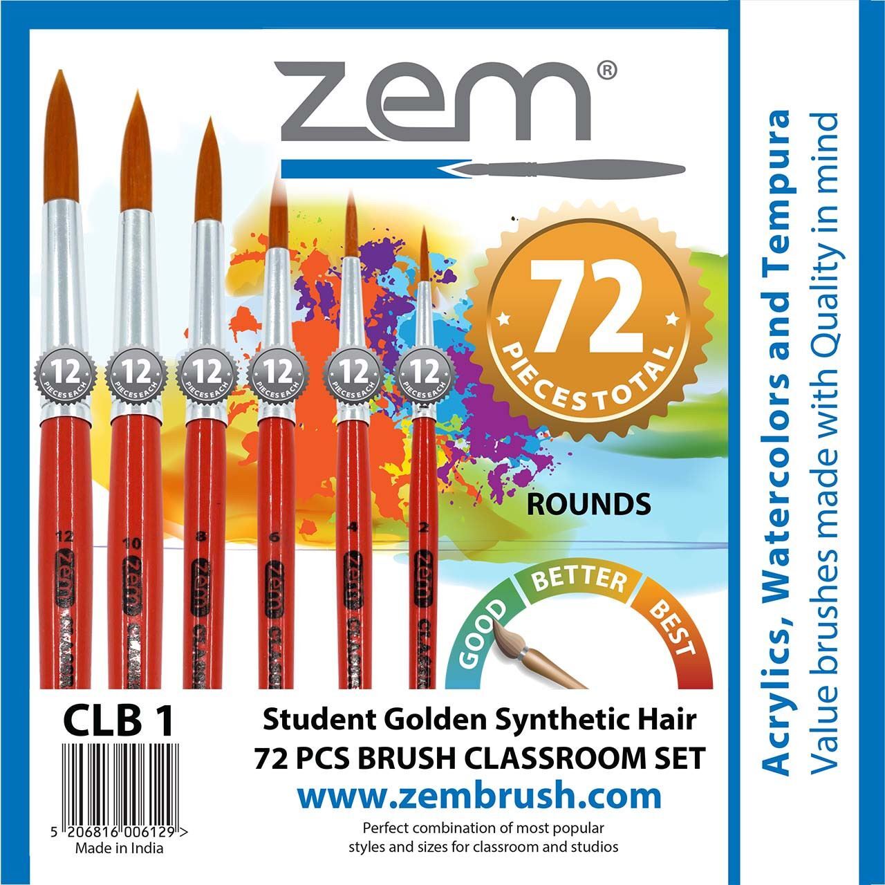 CLB-1 Classroom Artist Brush Box Set | Rounds 72 pcs