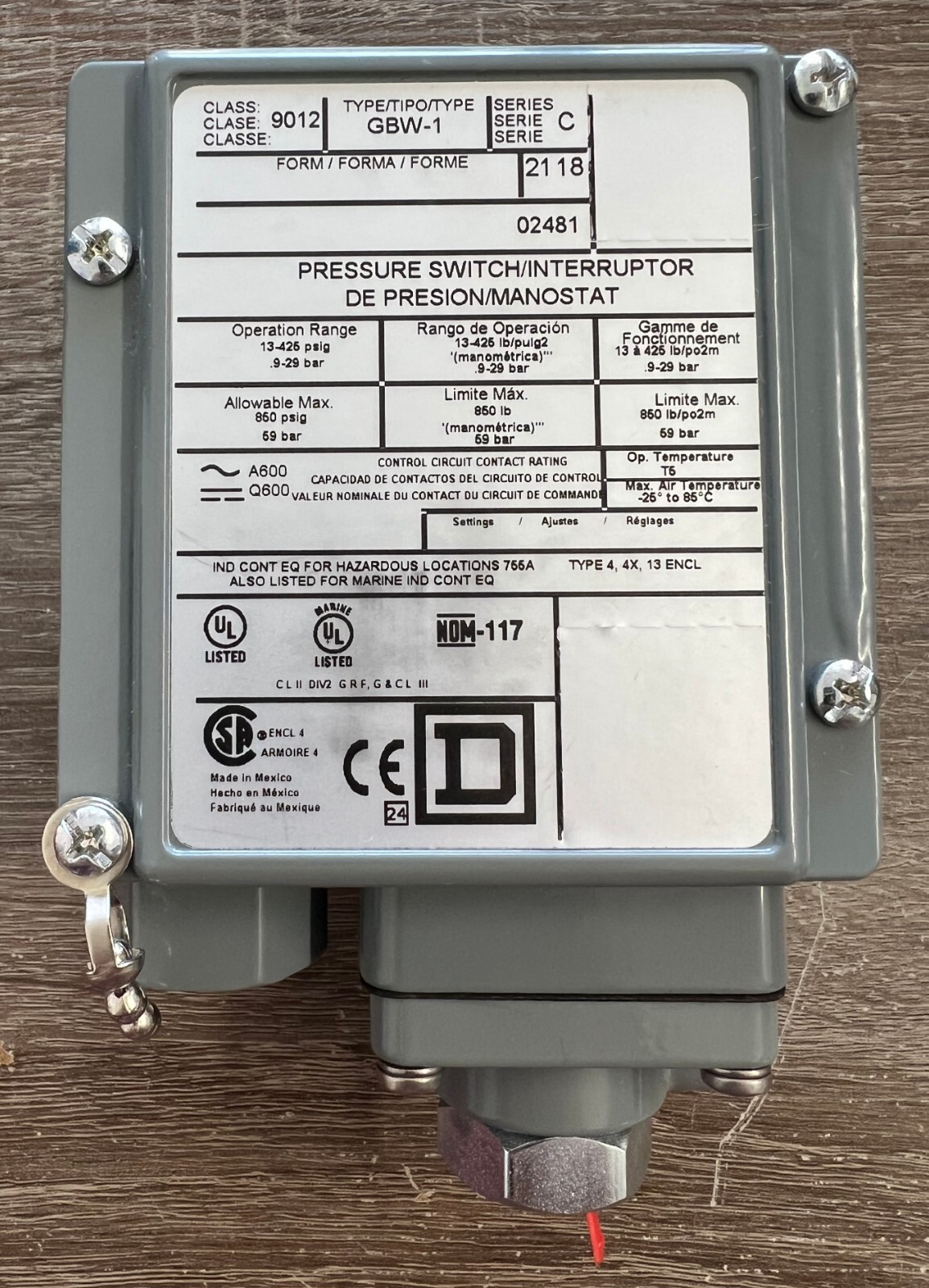 Square D 9012 GBW-1 Industrial Pressure Switch