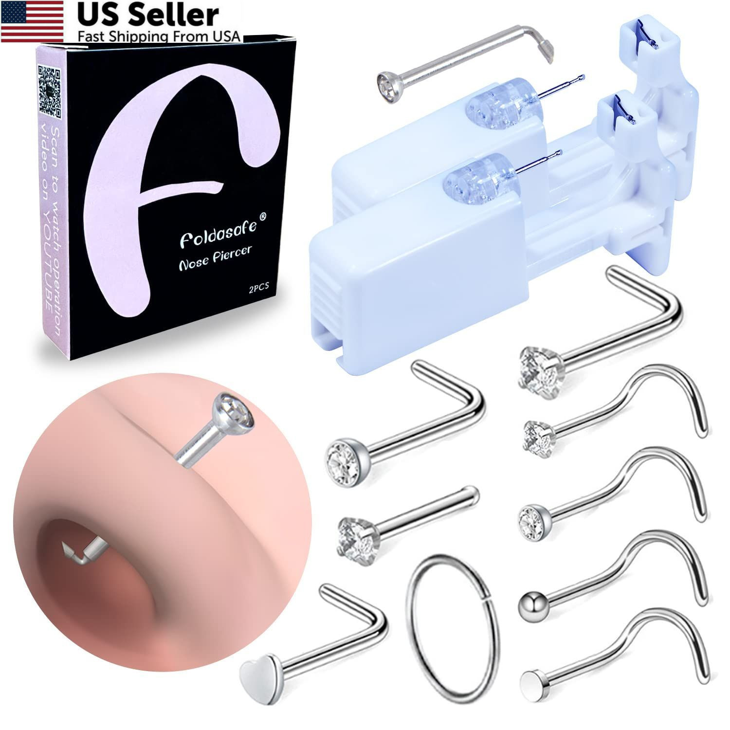 Firstomato 2 PCS Disposable Nose Piercing Gun Self Kit Silver
