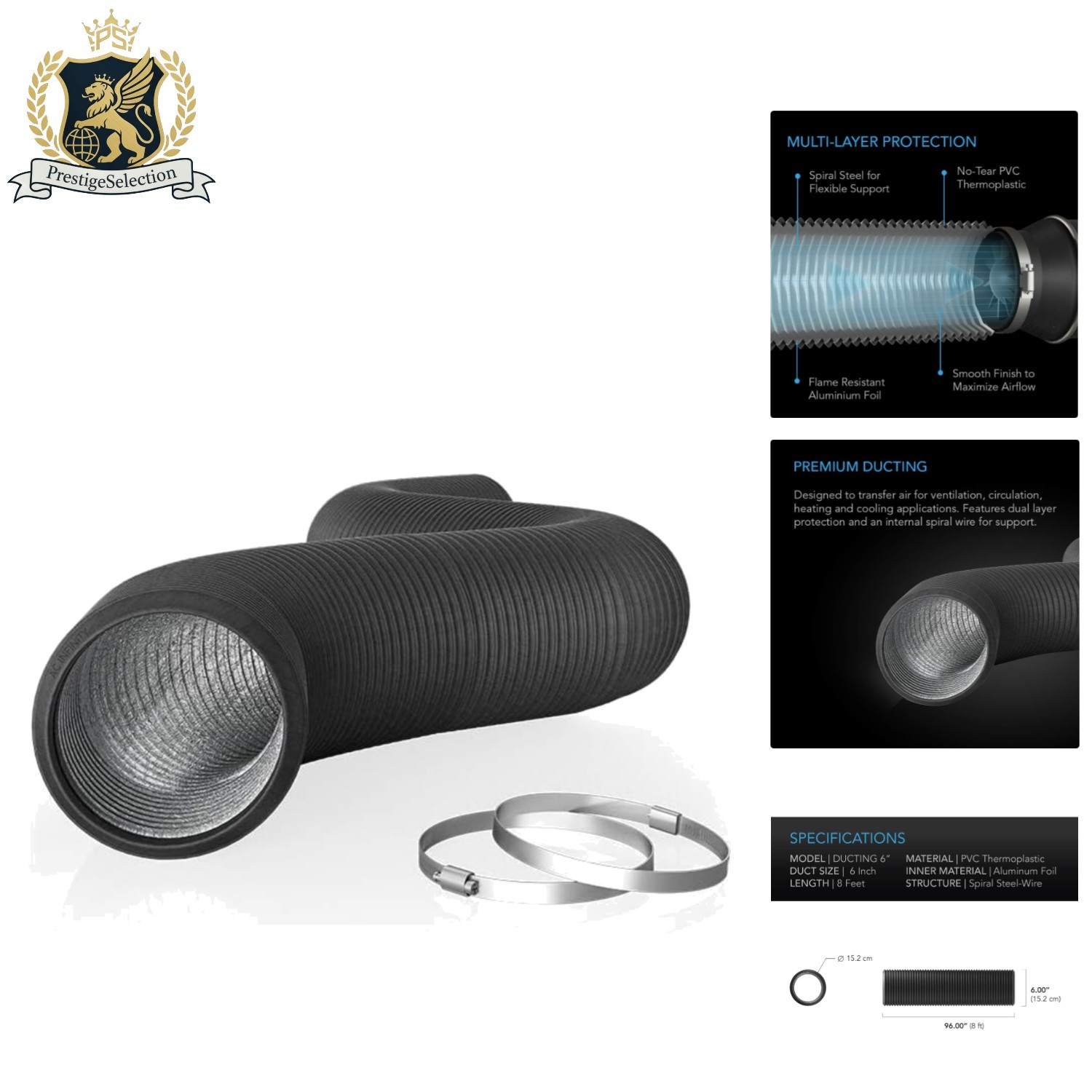 Durable 6-Inch Aluminum Ducting, 8 Feet - Ideal for HVAC, Ventilation & Exhaust