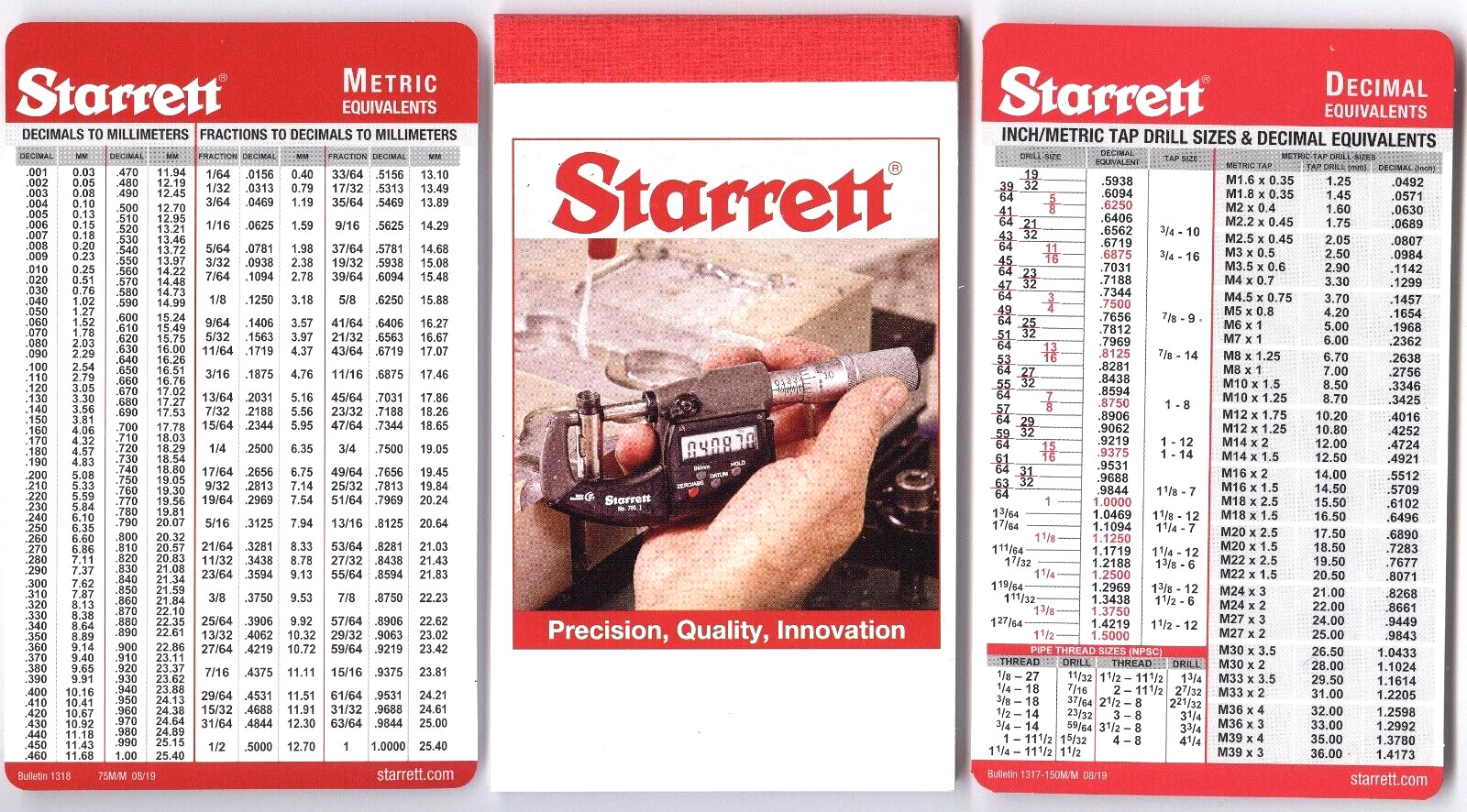 Pocket Starrett Metric Equivalents & Decimal Charts with Notebook Machinist E4