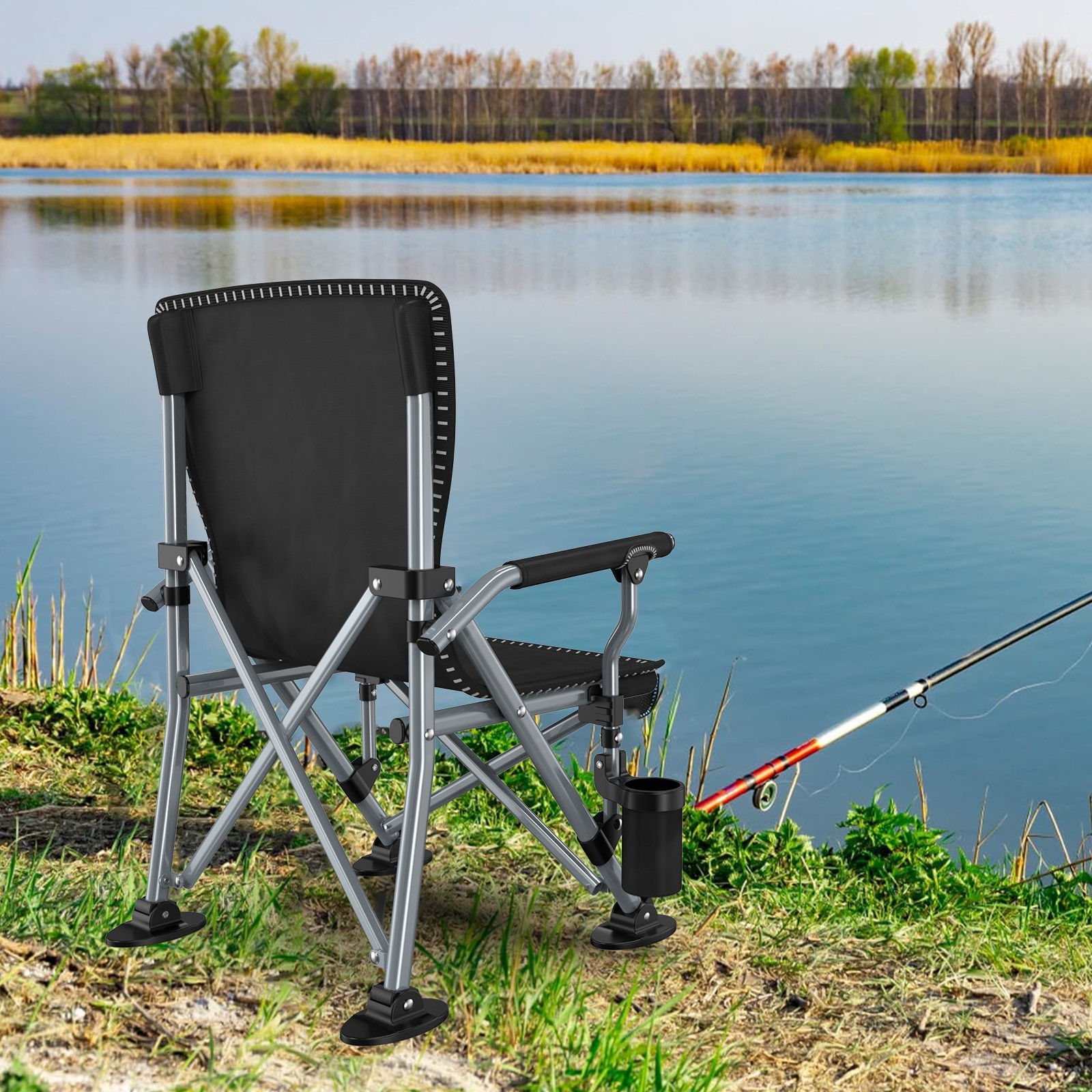 Blue Portable Camping Chair Heavy Duty Folding Chair w/ Cup Holder Oversized