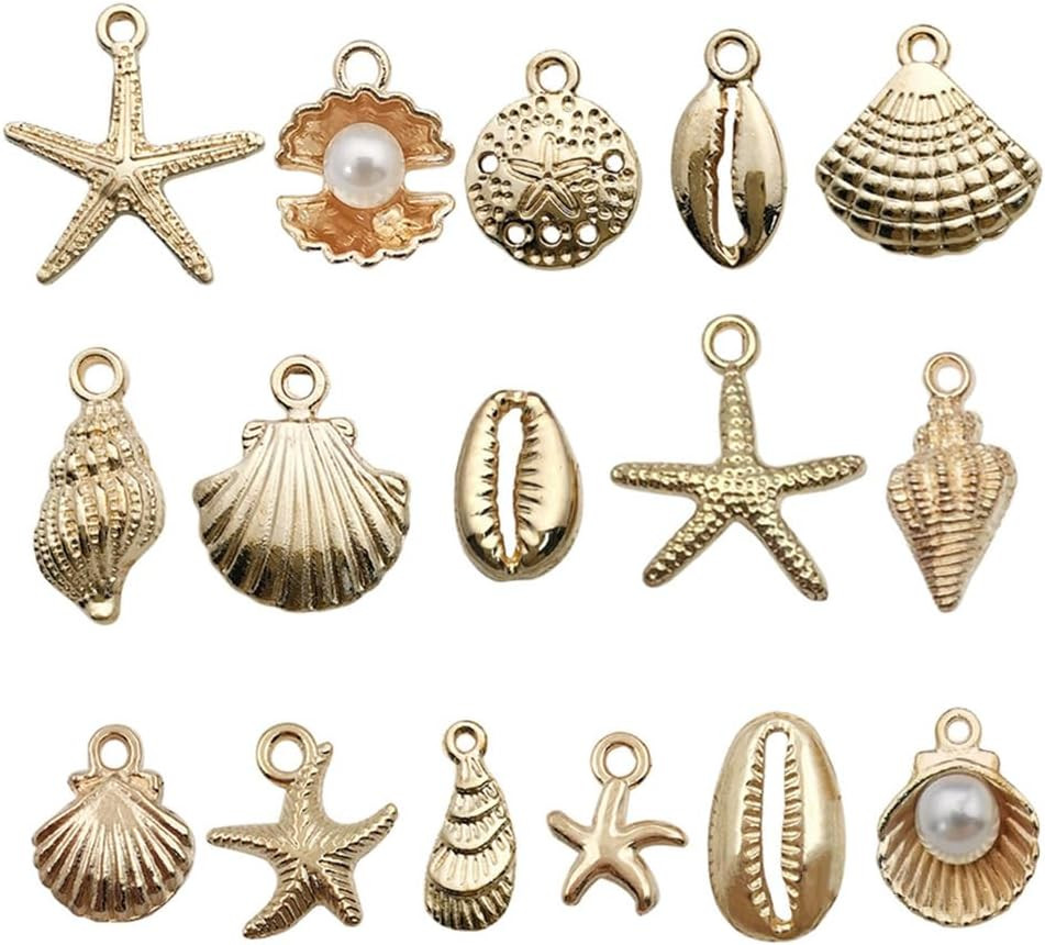 16Pcs Beach Charms, Summer Pendant Alloy Starfish, Seashells and Conches Beach C