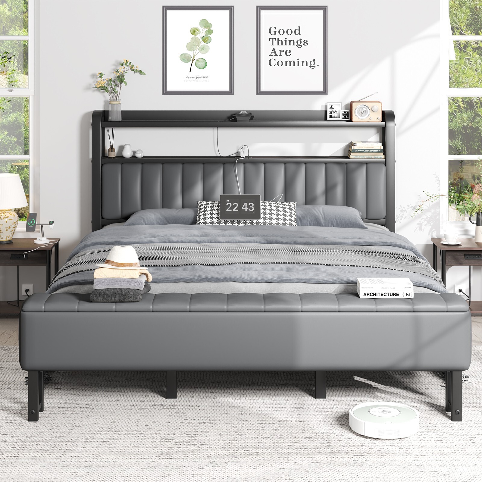 Full Size Bed Frame Upholstered with Starry Sky Light and Charging Station