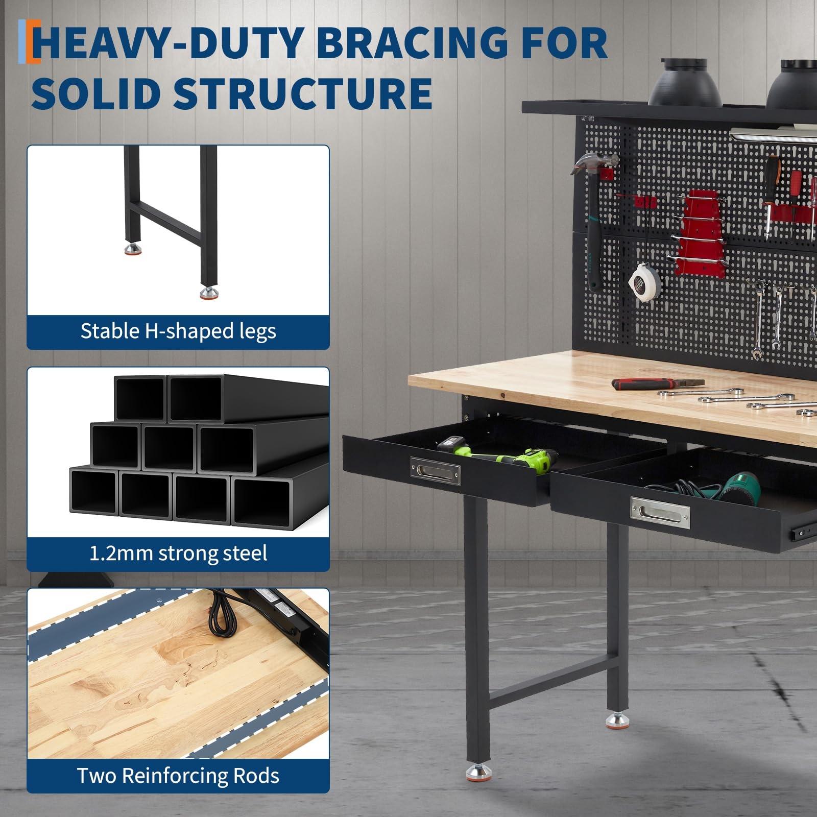 60" Adjustable Heavy Duty Workbench 2000 LBS Work Table with 2 Drawers LED Light