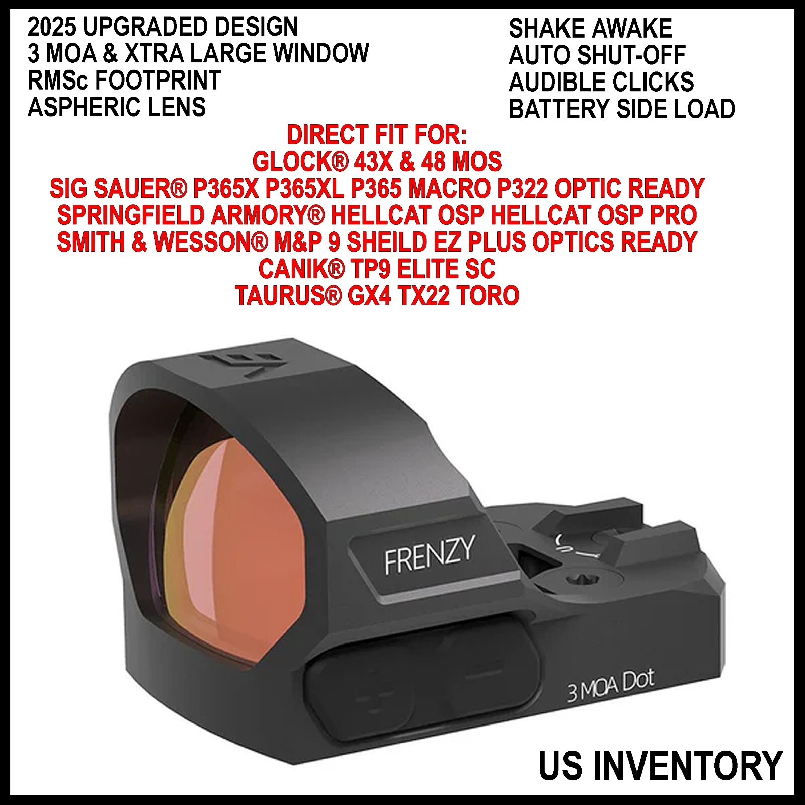 SHAKE AWAKE RED DOT OPTIC FOR TAURUS® GX4 TX22 TORO DIRECT FIT BATTERY SIDE LOAD