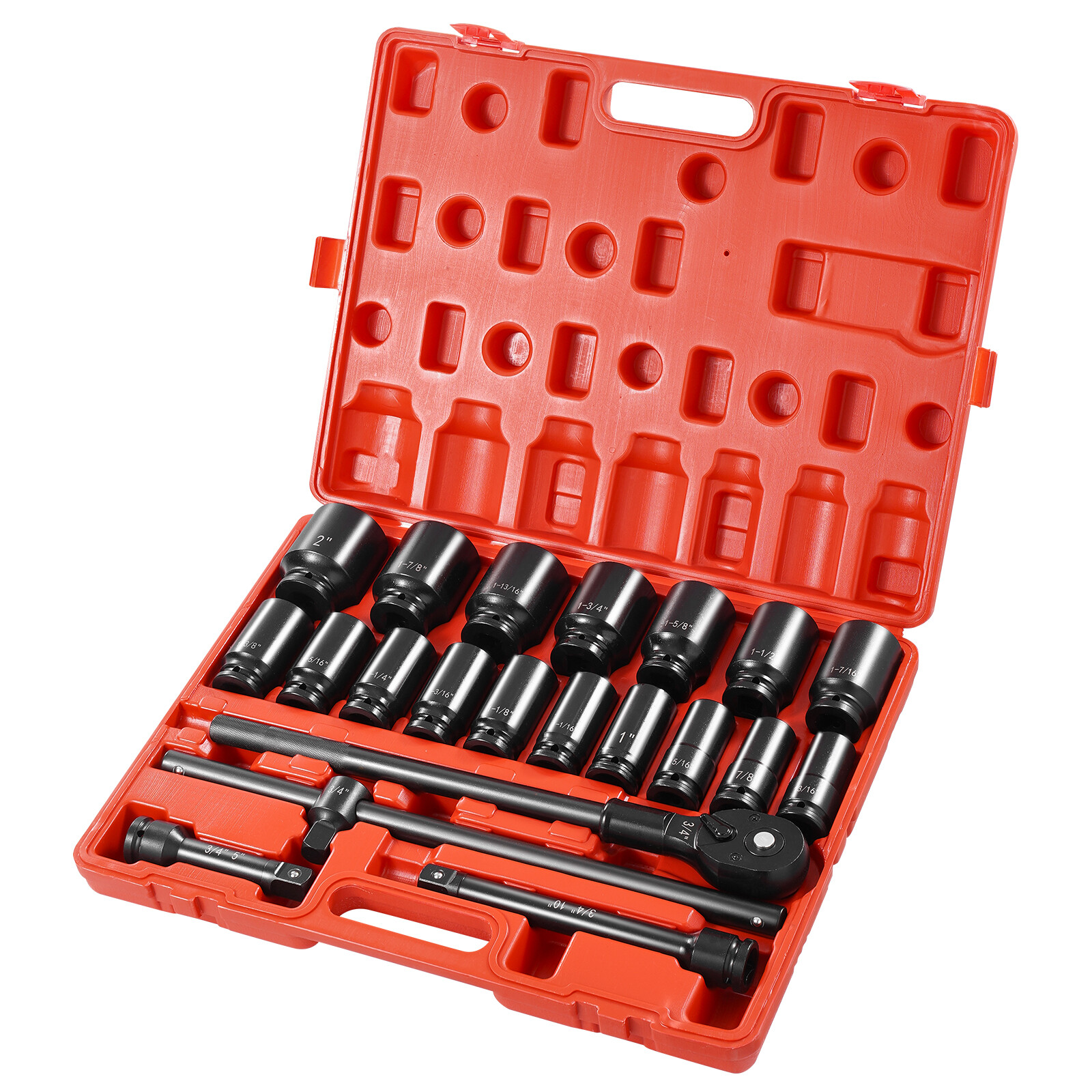 22 Pc Impact Socket Set 3/4" Drive Deep SAE Cr-Mo Extension Bar Sliding T-Bar